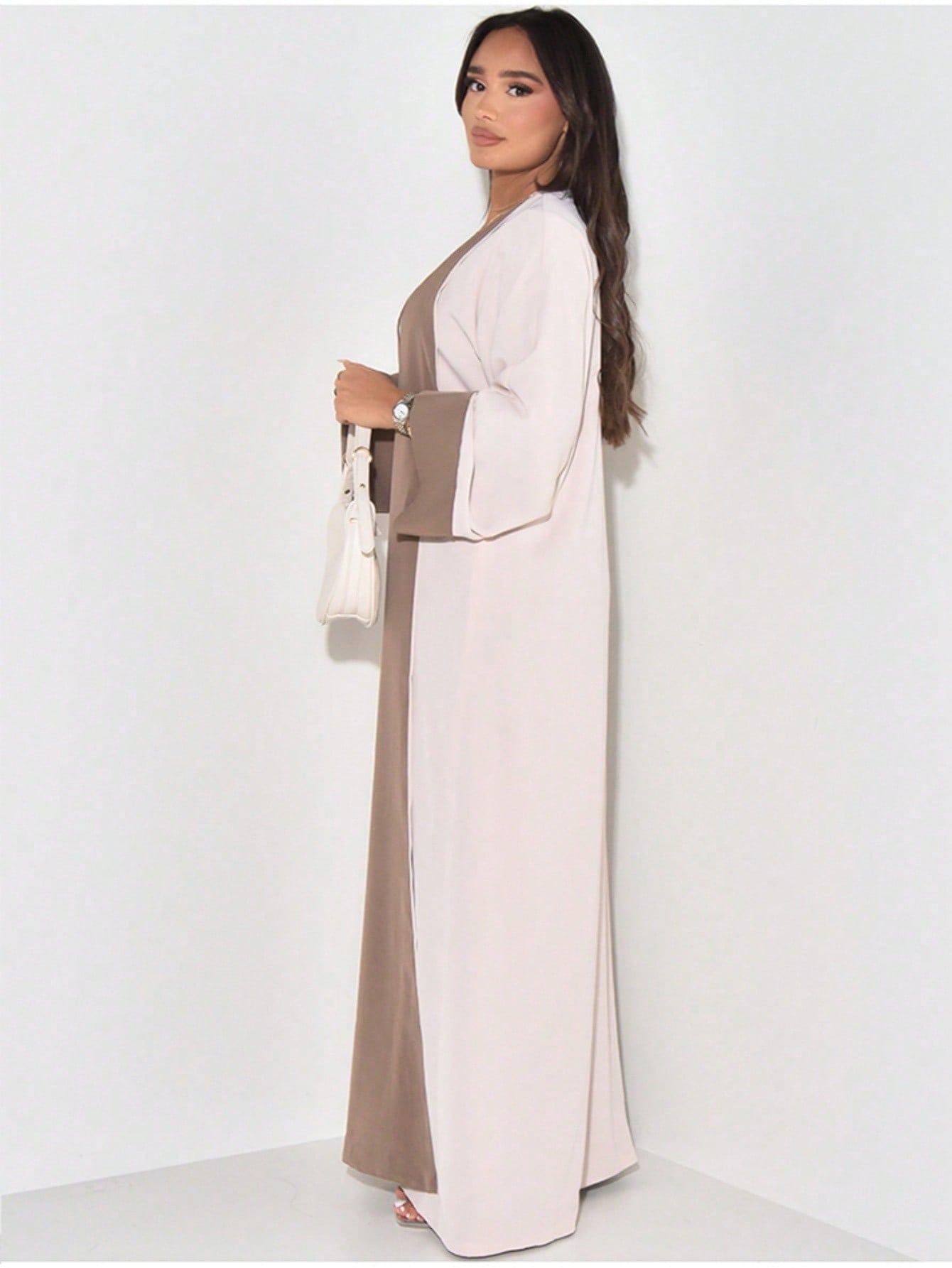 Soft Color Block Dubai Abaya Kimono Cream with Khaki