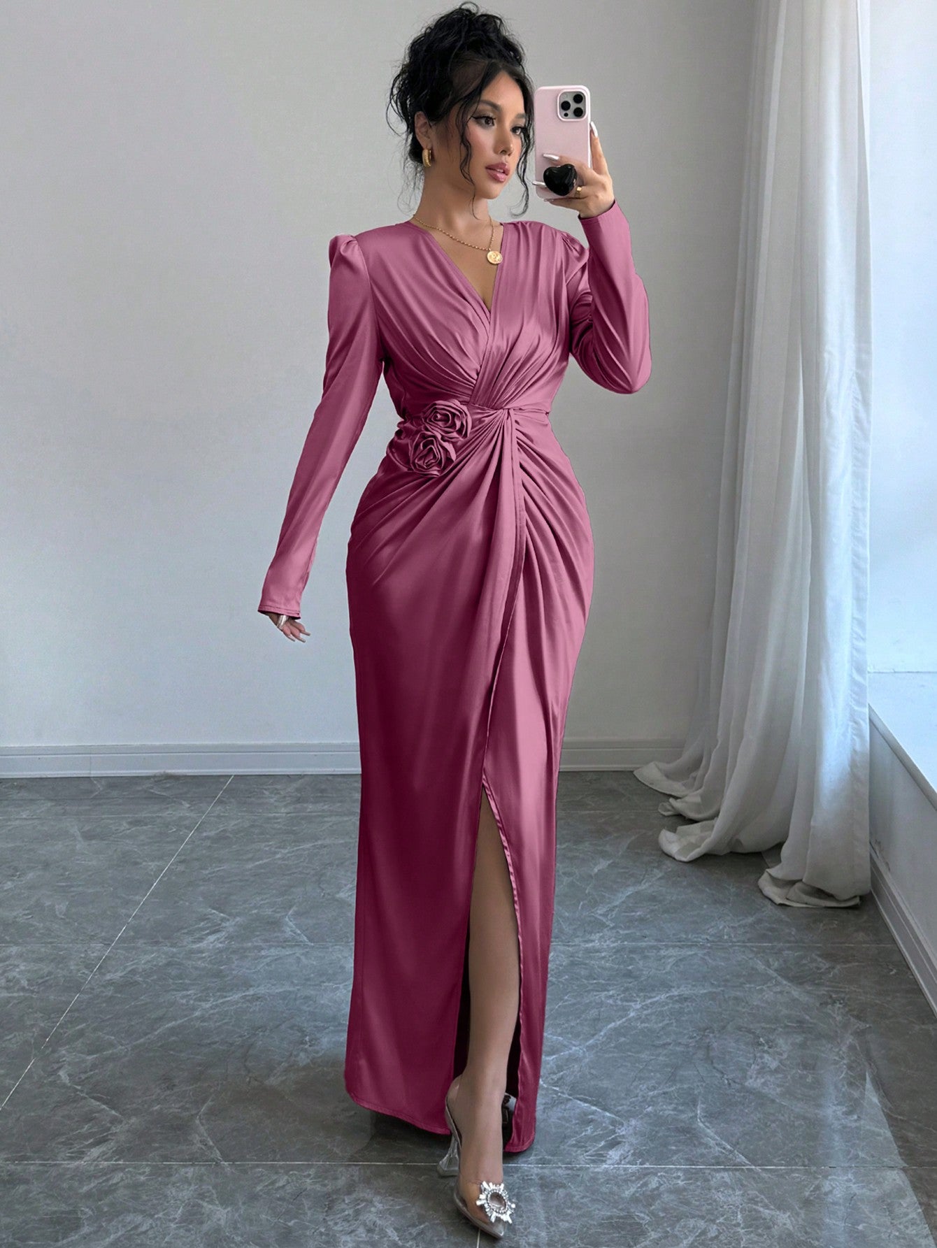 3D Floral Decor Twist Knot Waist Wrap Split Dress