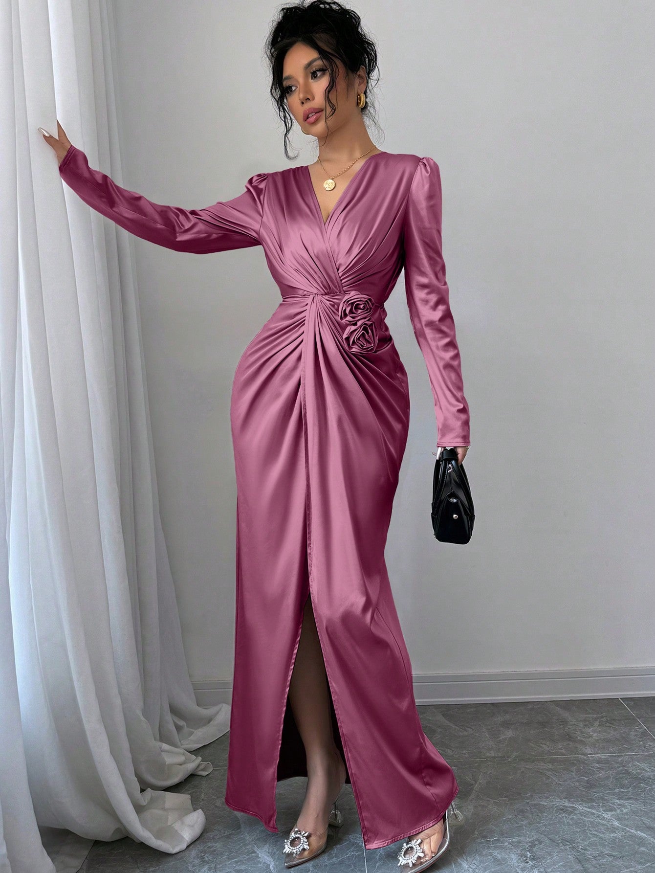 3D Floral Decor Twist Knot Waist Wrap Split Dress