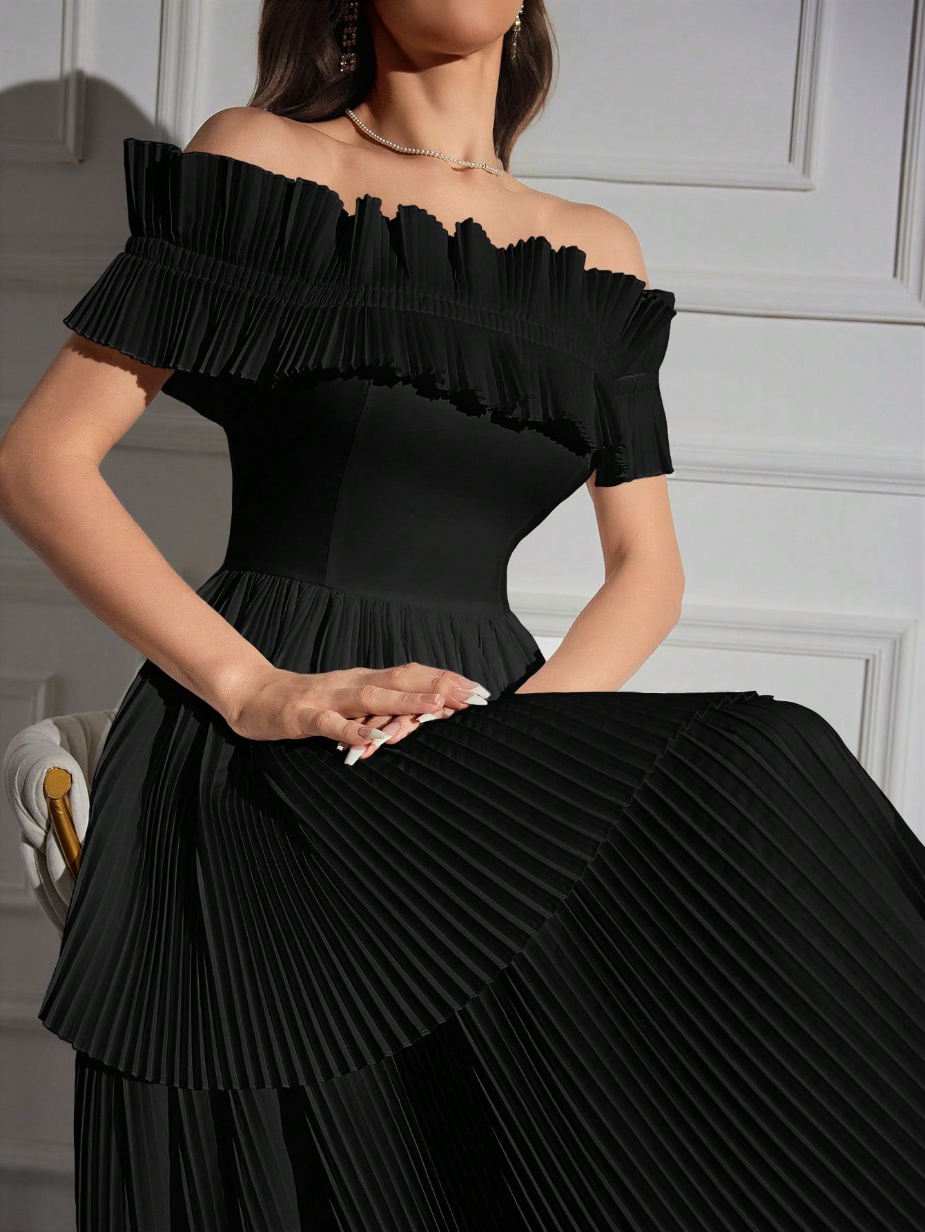 Off Shoulder Ruffle Trim Pleated Hem Dress