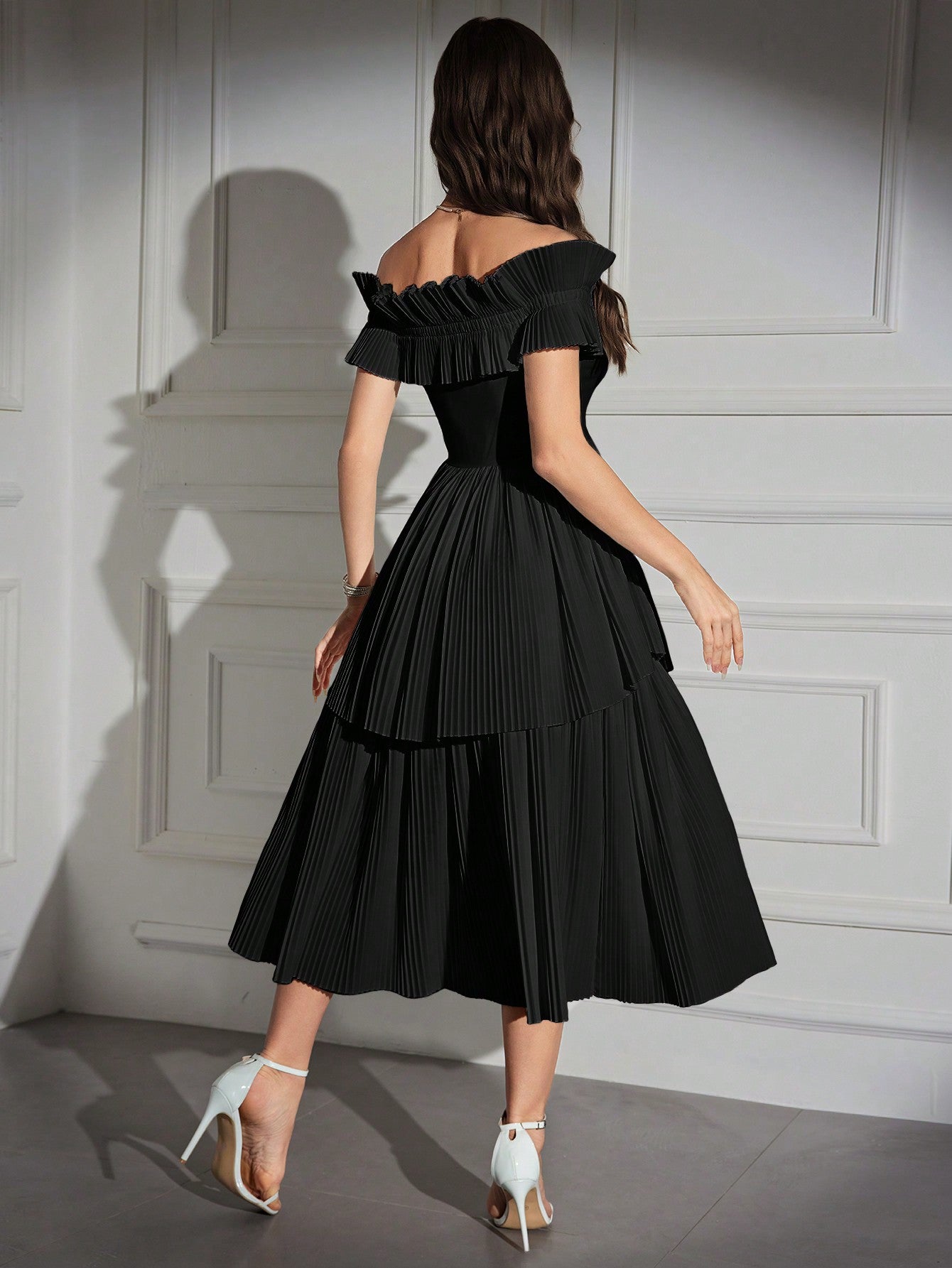 Off Shoulder Ruffle Trim Pleated Hem Dress