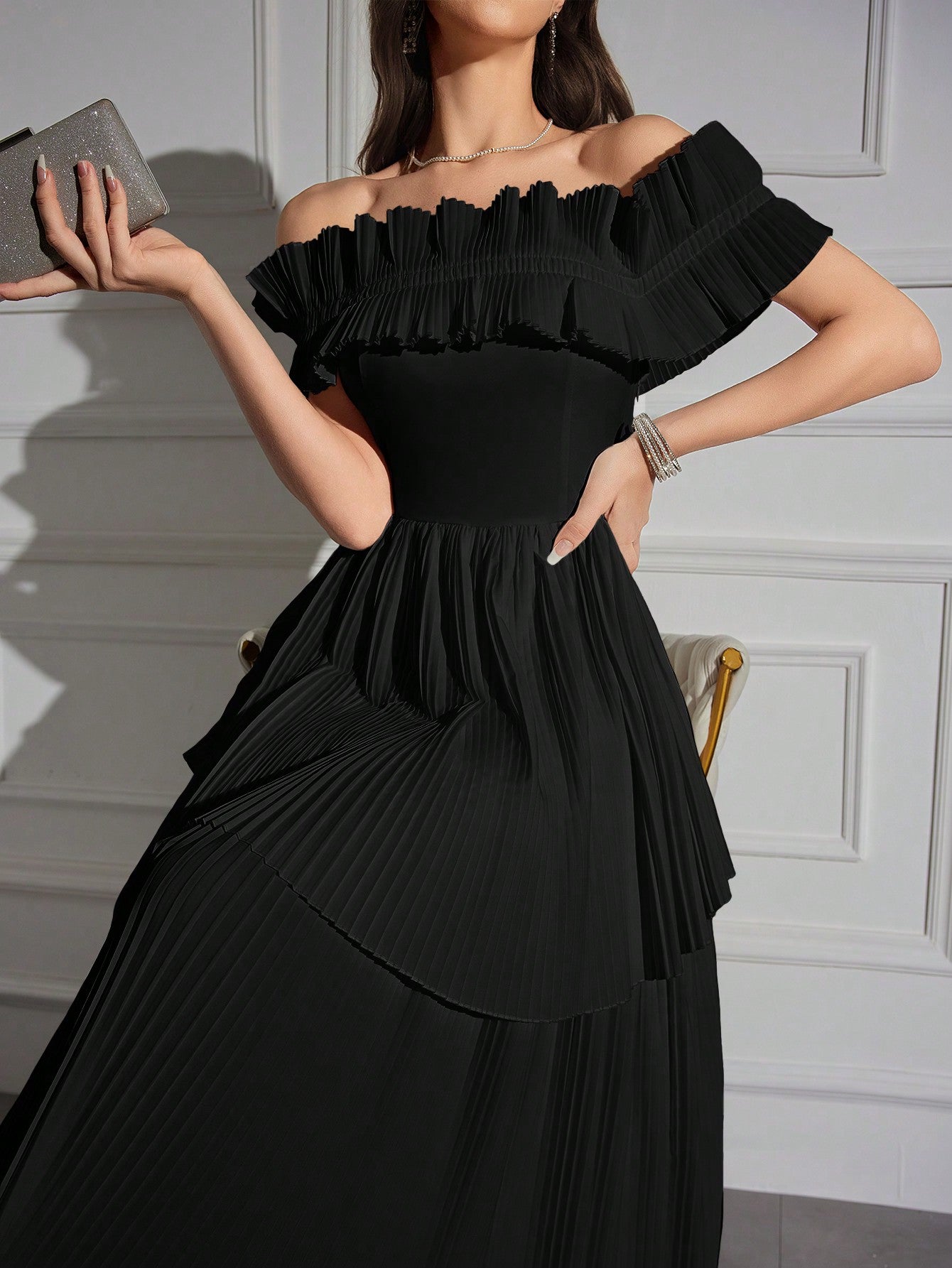 Off Shoulder Ruffle Trim Pleated Hem Dress