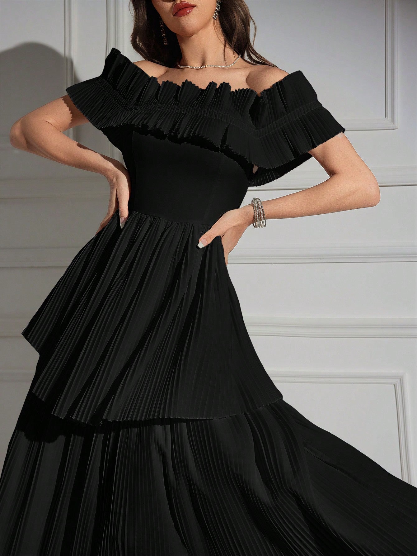 Off Shoulder Ruffle Trim Pleated Hem Dress