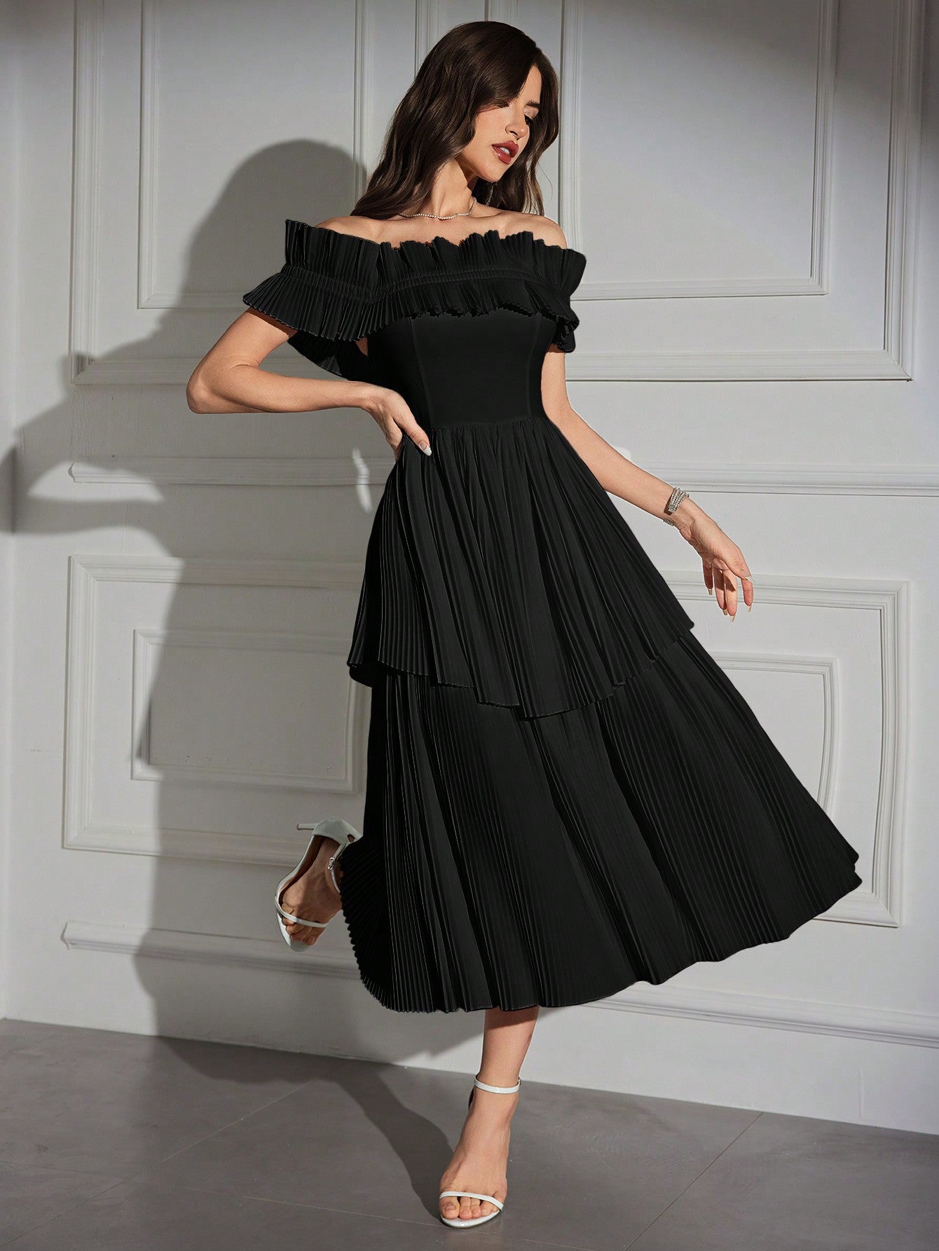 Off Shoulder Ruffle Trim Pleated Hem Dress
