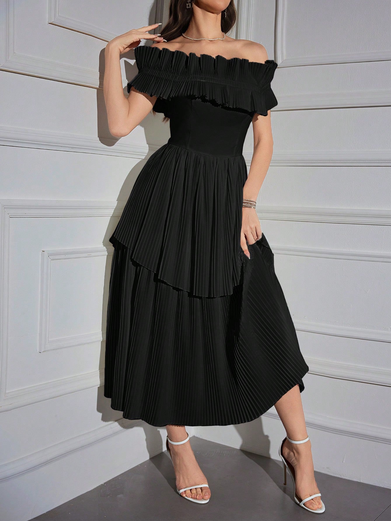 Off Shoulder Ruffle Trim Pleated Hem Dress