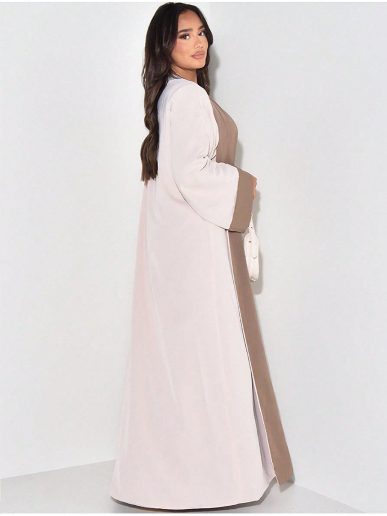 Soft Color Block Dubai Abaya Kimono Cream with Khaki