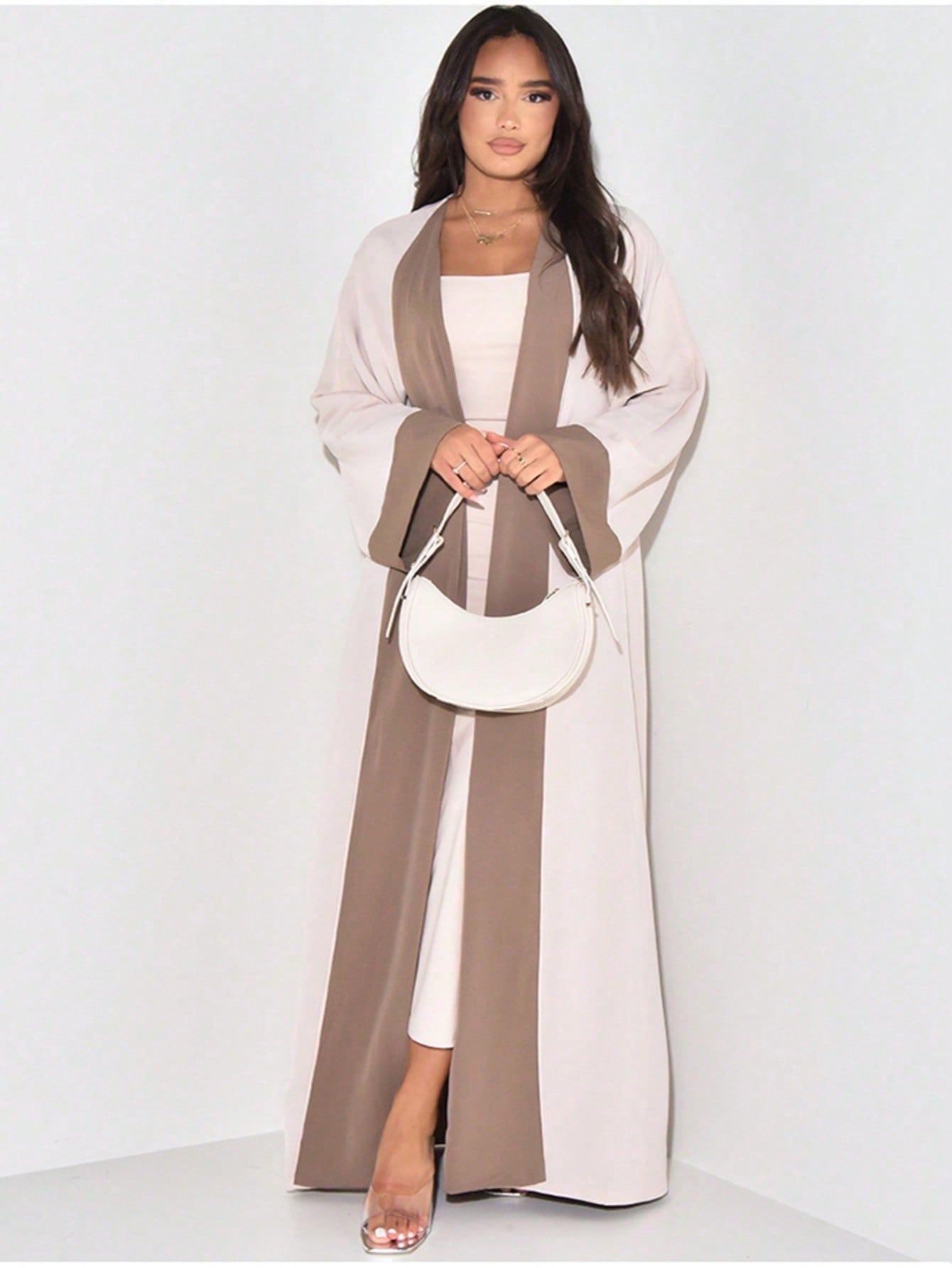 Soft Color Block Dubai Abaya Kimono Cream with Khaki