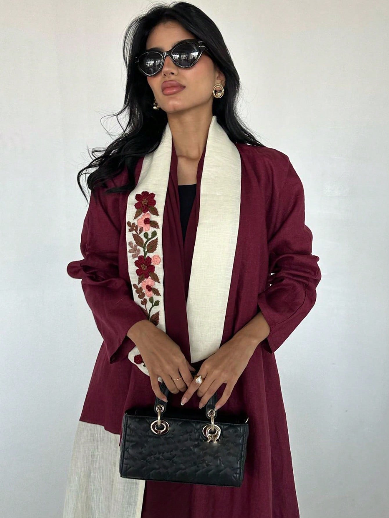 Embroidered Elegant Floral Embroidery Patchwork Color Block Linen Abaya