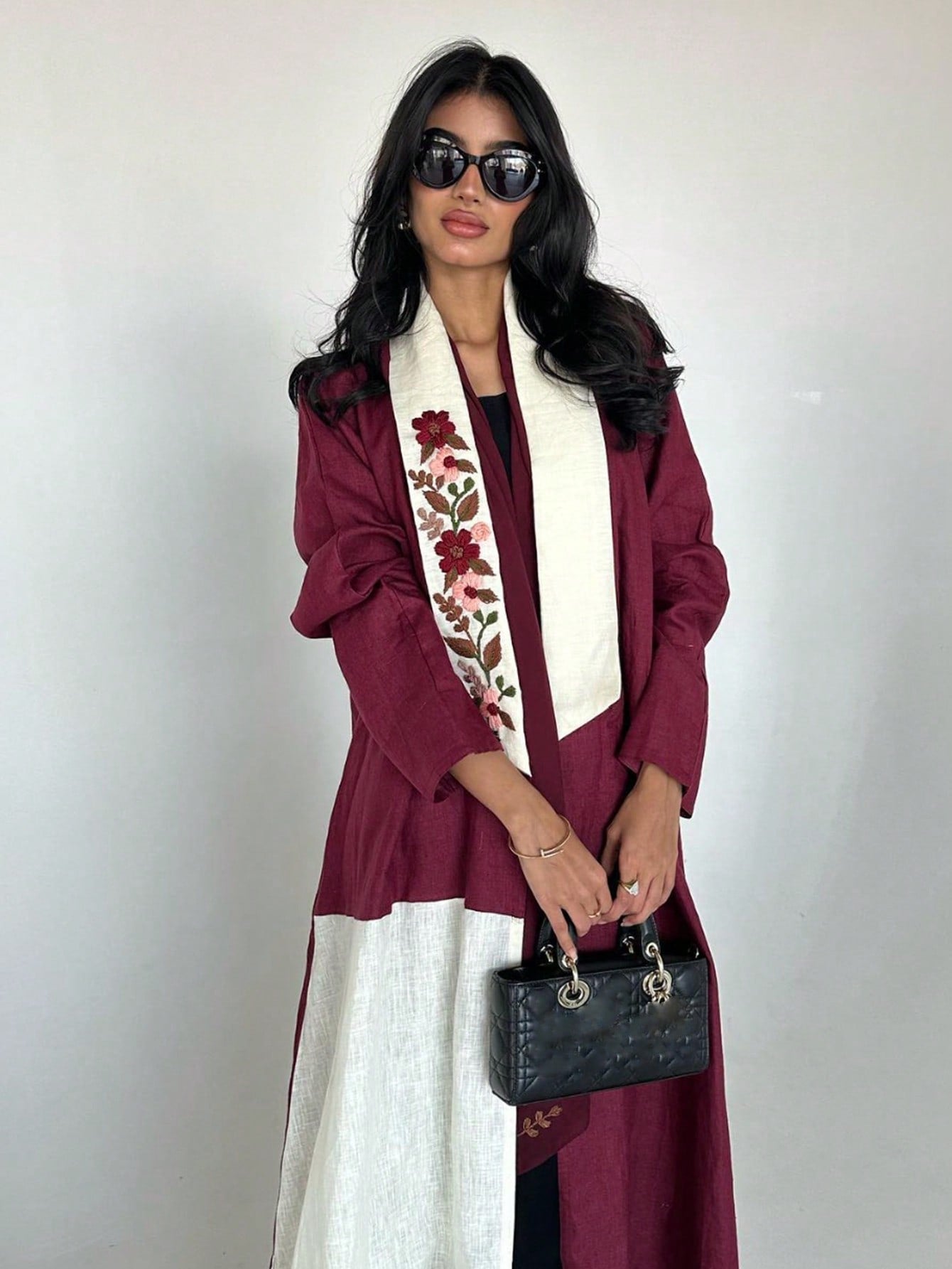 Embroidered Elegant Floral Embroidery Patchwork Color Block Linen Abaya
