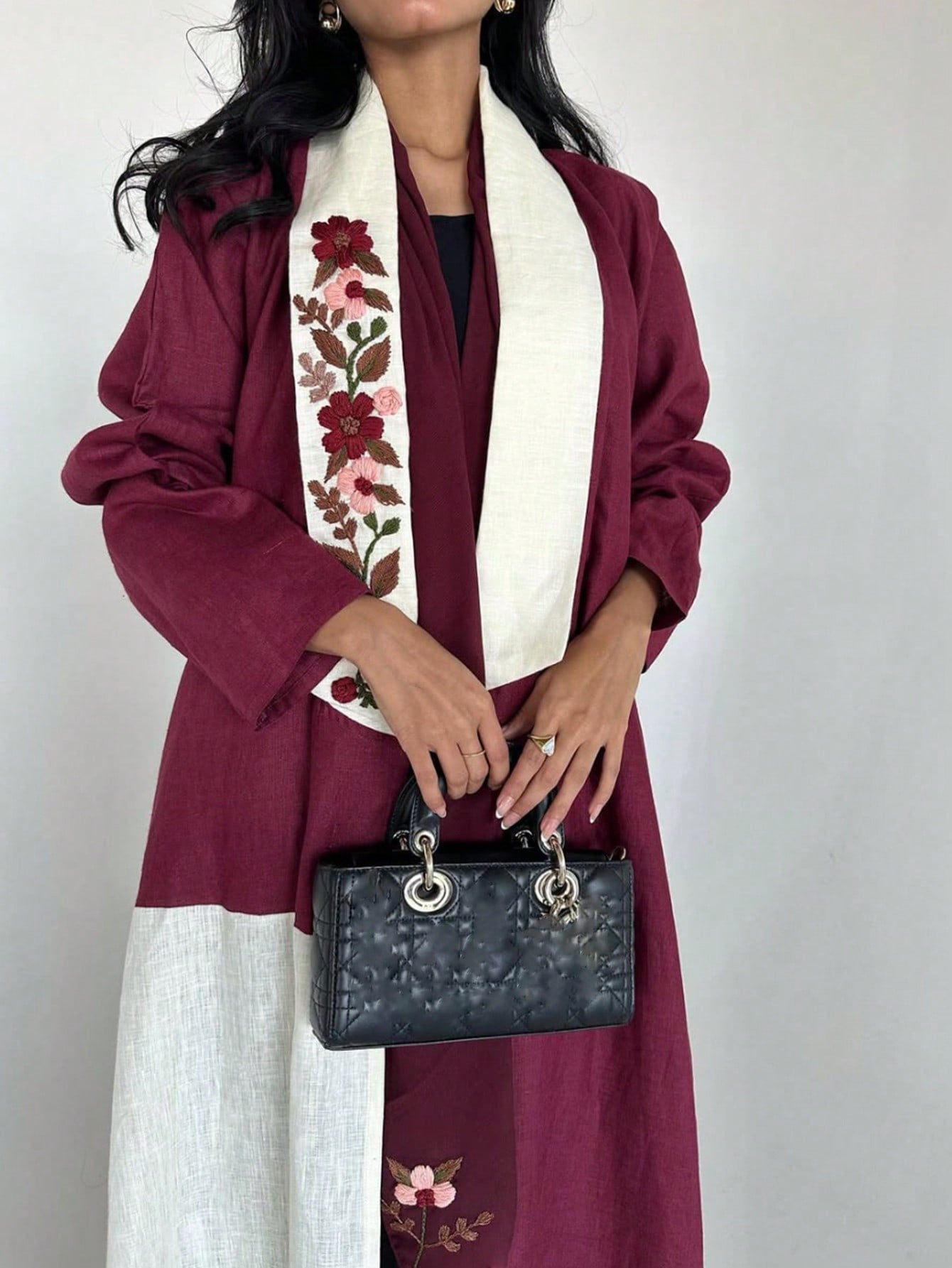 Embroidered Elegant Floral Embroidery Patchwork Color Block Linen Abaya