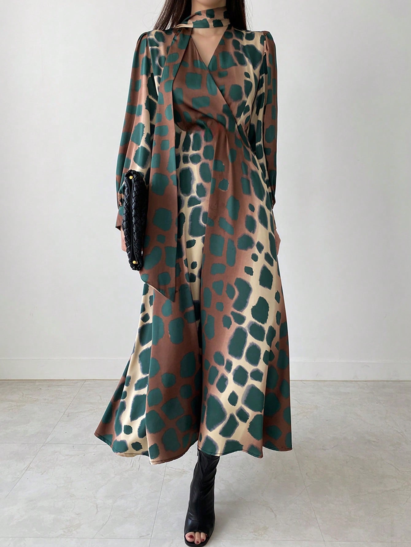 Tie Waist Asymmetrical Floral Print Mid-Calf Dress