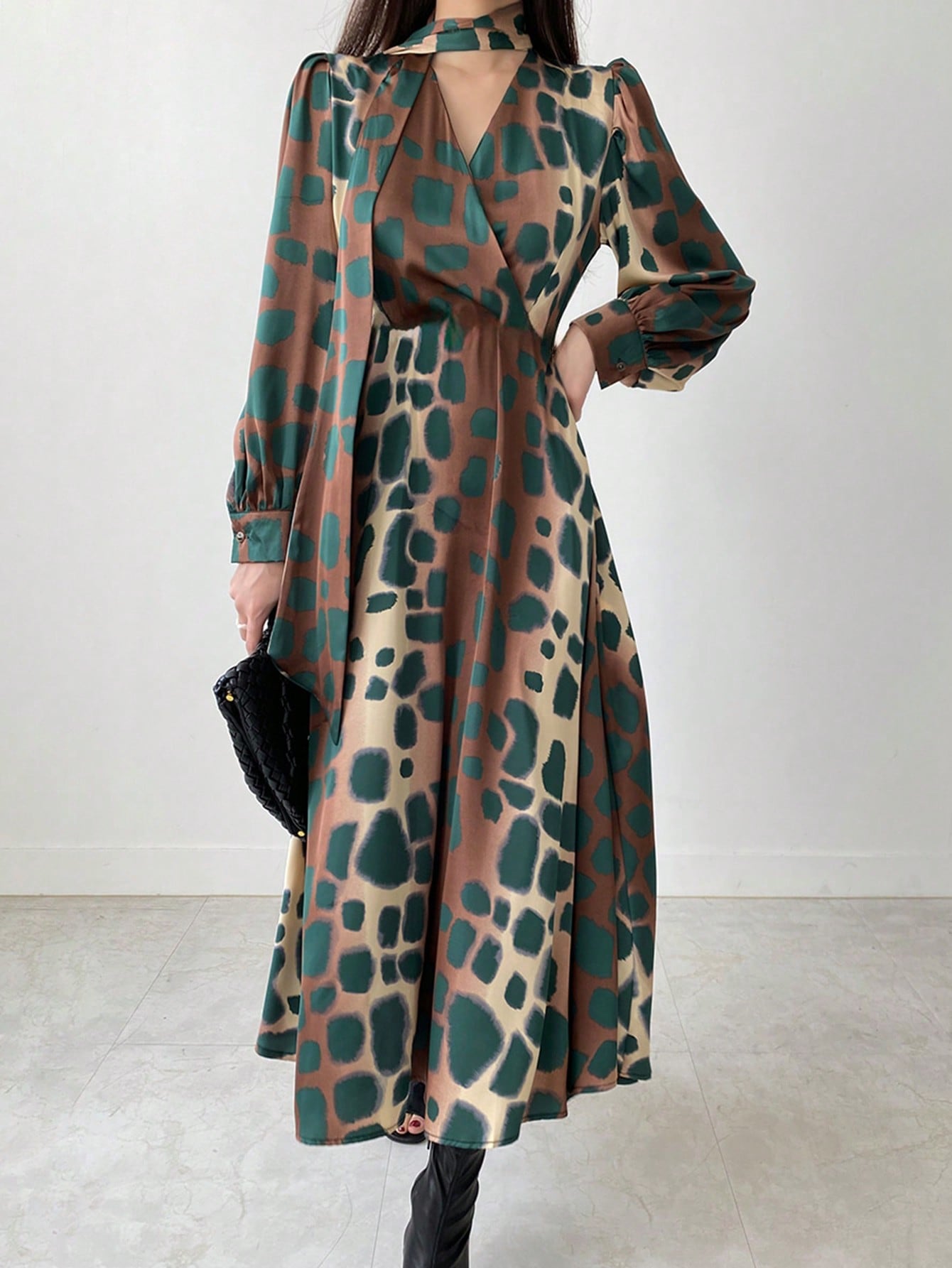 Tie Waist Asymmetrical Floral Print Mid-Calf Dress