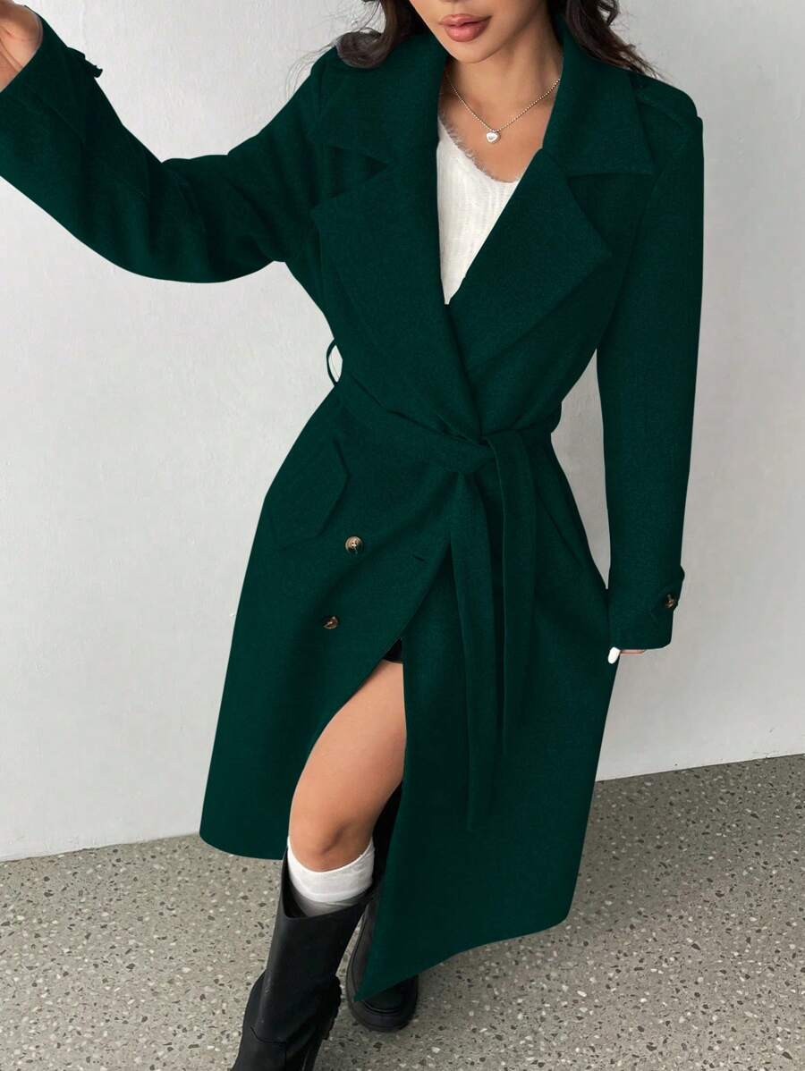 Padded Shoulder Turndown Collar Double Breasted Long Woolen Coat