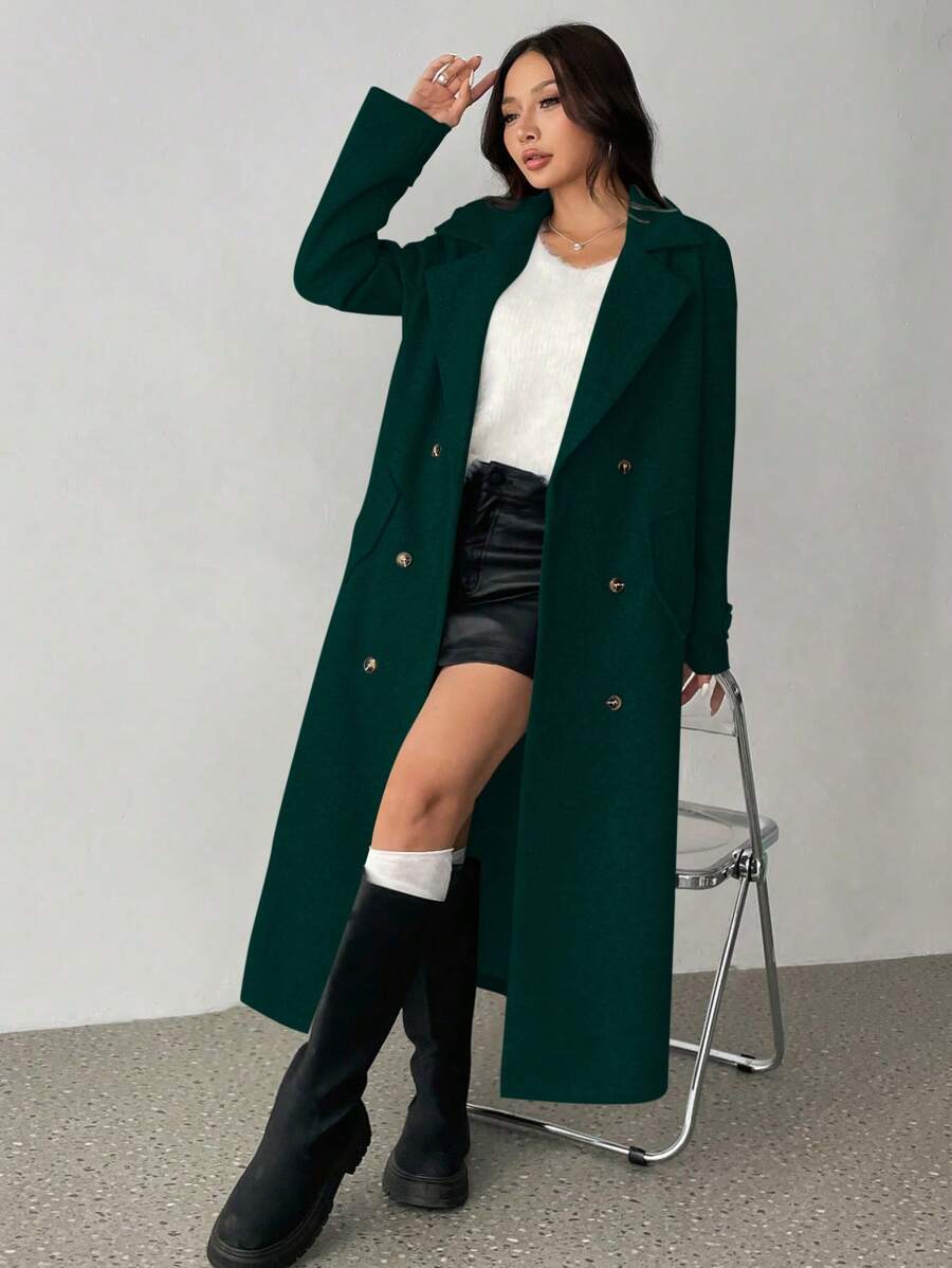 Padded Shoulder Turndown Collar Double Breasted Long Woolen Coat