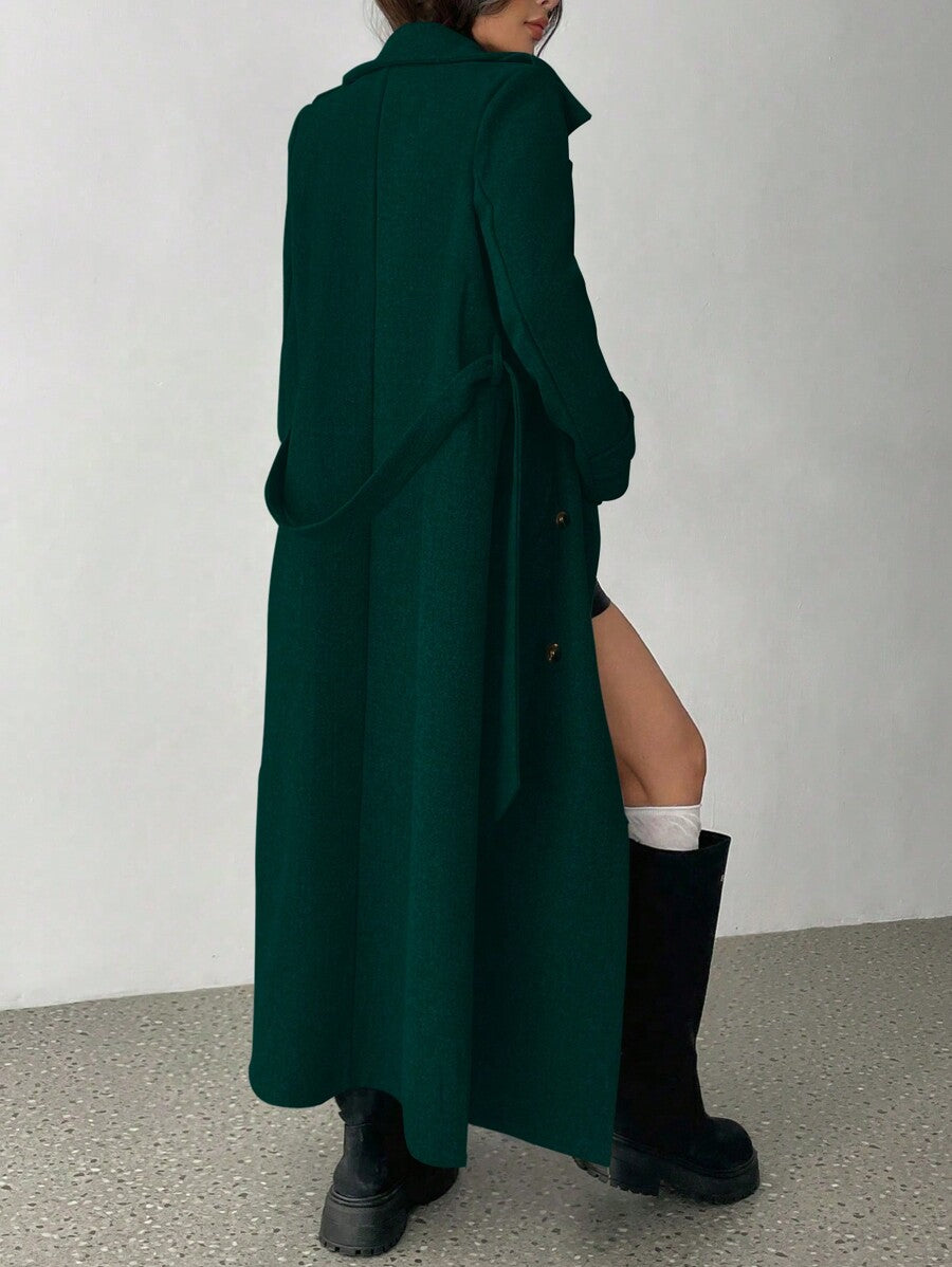 Padded Shoulder Turndown Collar Double Breasted Long Woolen Coat