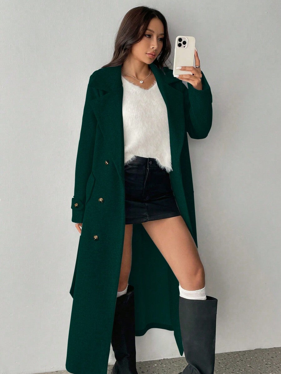Padded Shoulder Turndown Collar Double Breasted Long Woolen Coat