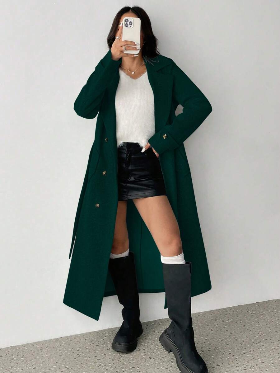 Padded Shoulder Turndown Collar Double Breasted Long Woolen Coat