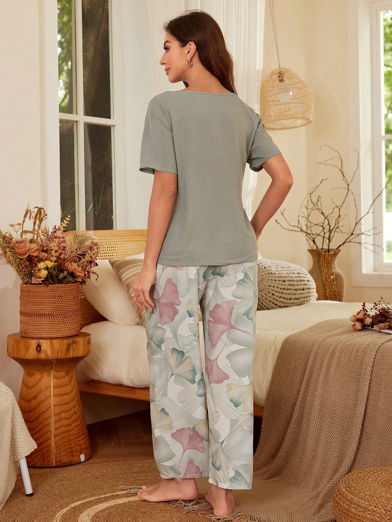 Short Sleeve Top And Color Block Floral Printed Long Pants Pajama Set