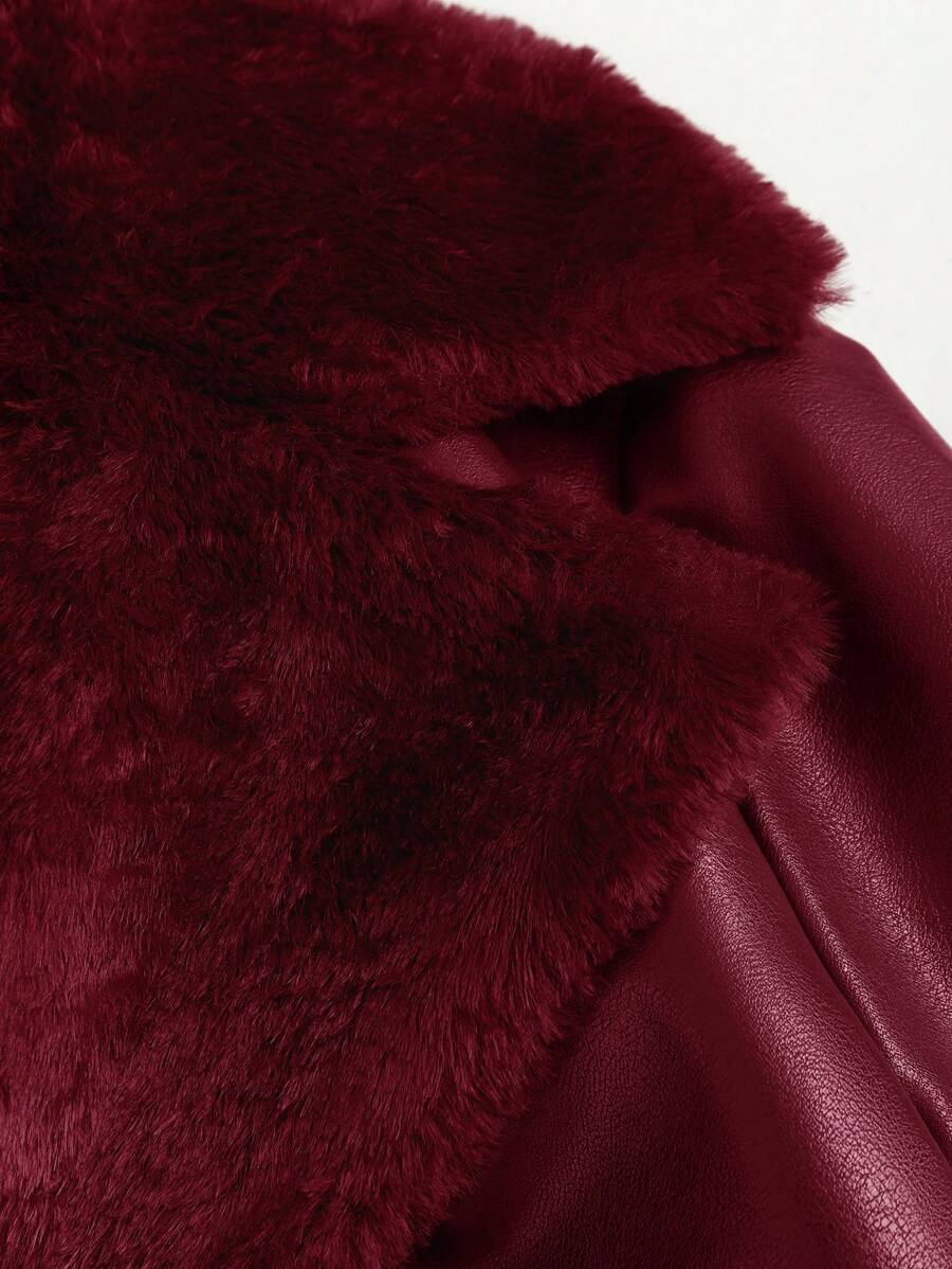 Fluffy PU Leather Splicing Trench Coat