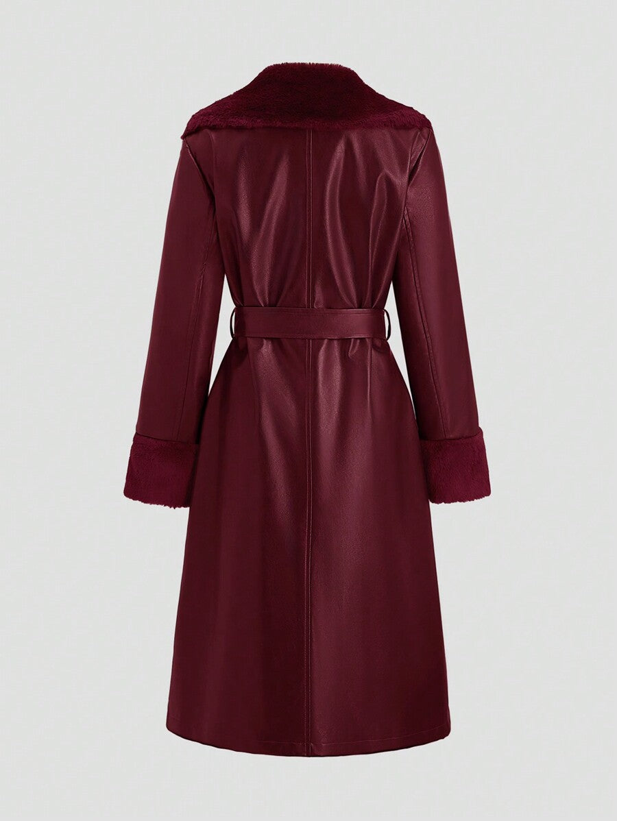 Fluffy PU Leather Splicing Trench Coat
