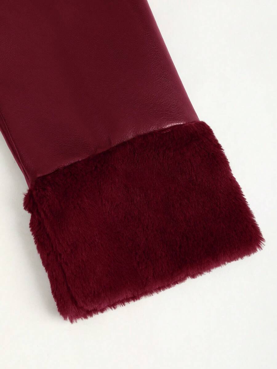 Fluffy PU Leather Splicing Trench Coat