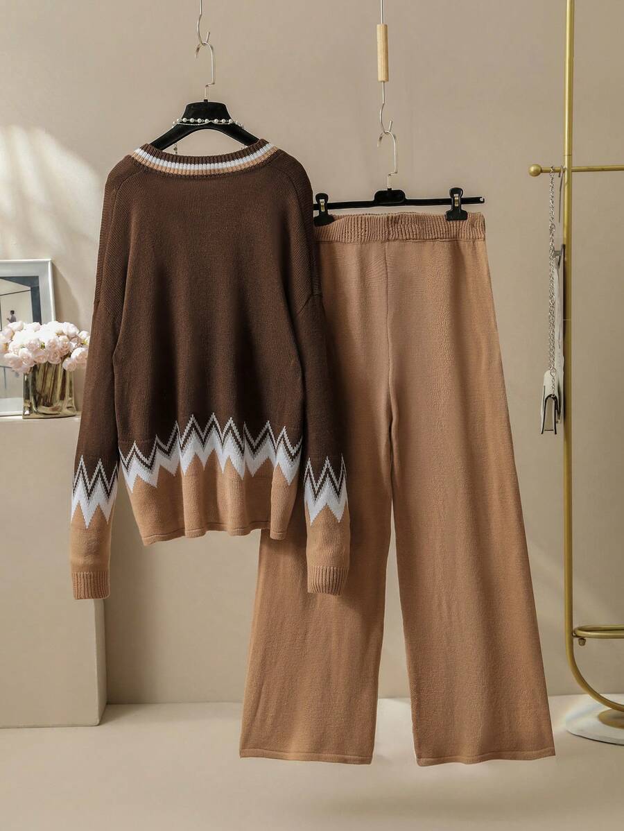 Plus Size Patchwork Knitted 2 Piece Set