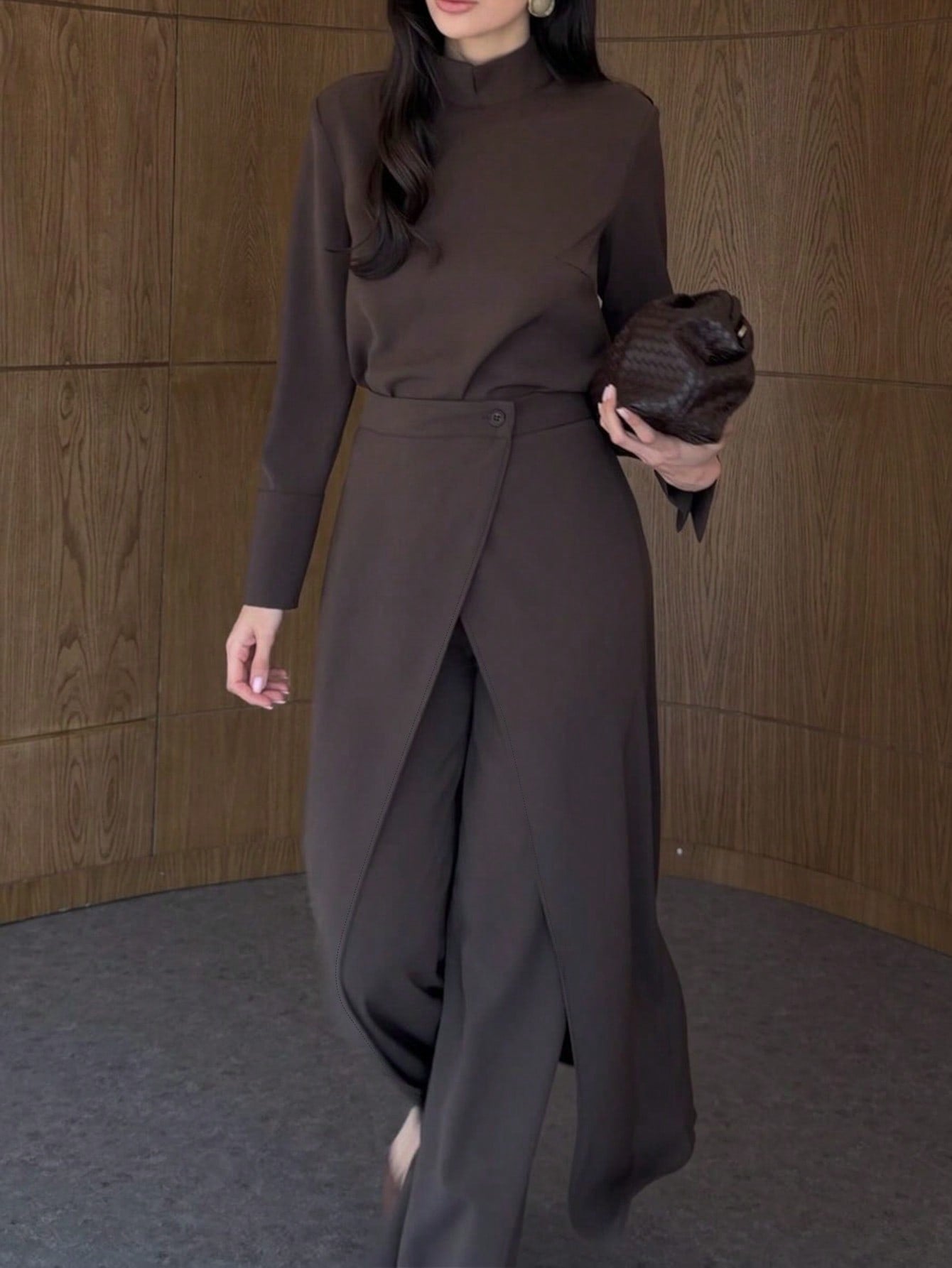 Stand Collar Long Sleeve Top Wide Leg Pants Apron 3-Piece Set