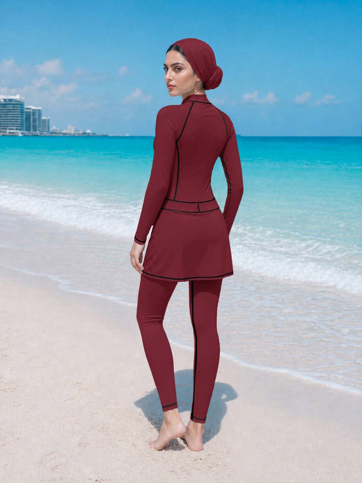 Striped Color Block Zipper Long Sleeve Jumpsuit With Skirt Swimwear Set