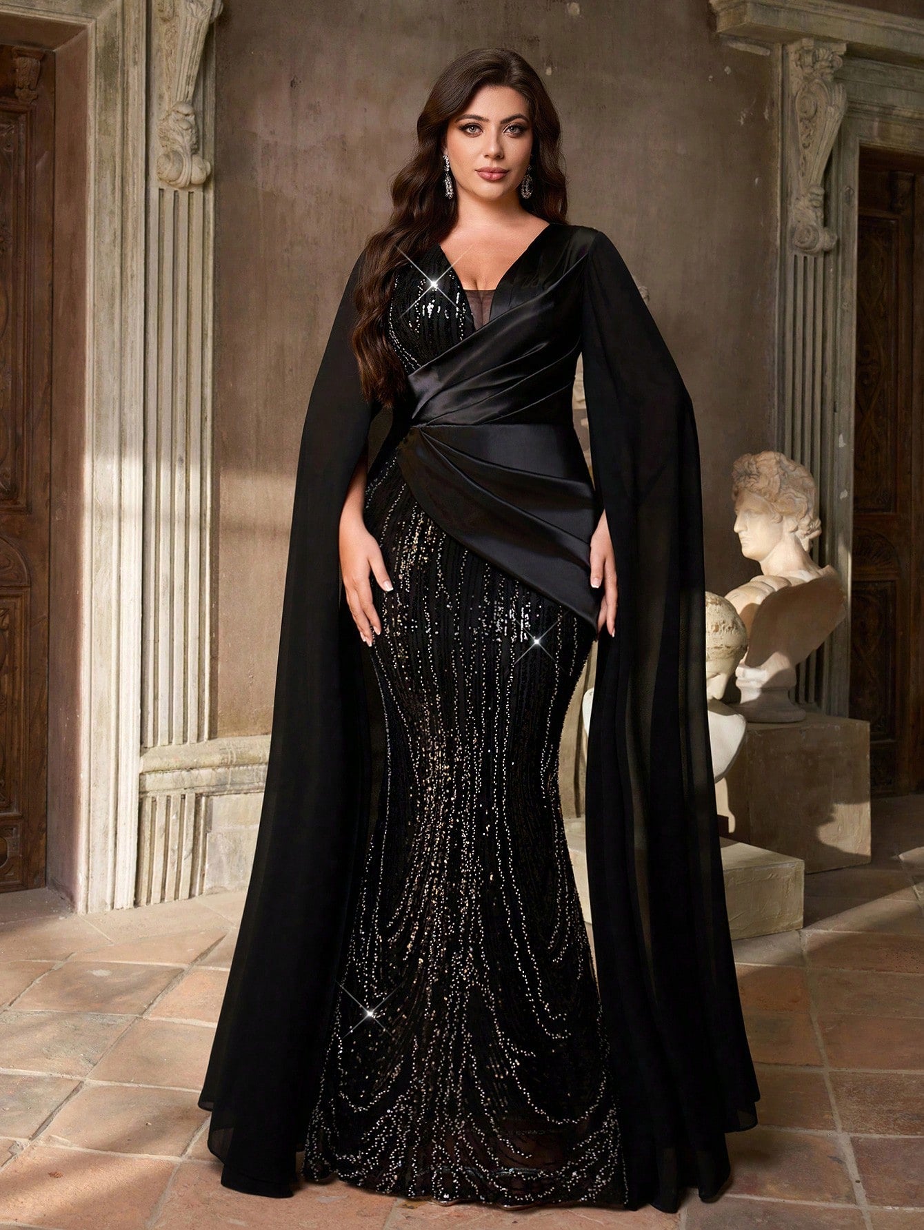 Deep V Luxury Beaded Satin Lantern Sleeve Ruched Mermaid Hem Evening Dress
