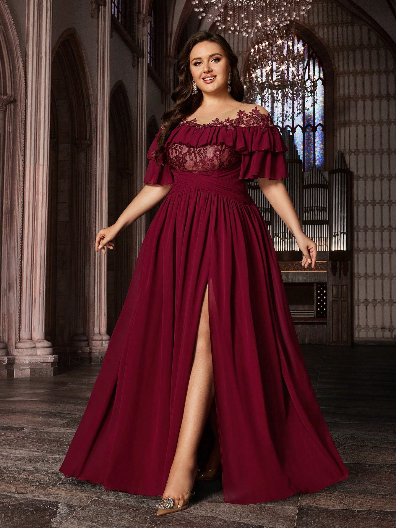 Plus Size Appliques Contrast Mesh Ruffle Details Evening Dress