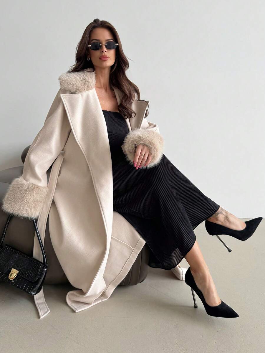 Khaki Long Loose Jacket With Fur Collar And Cuffs