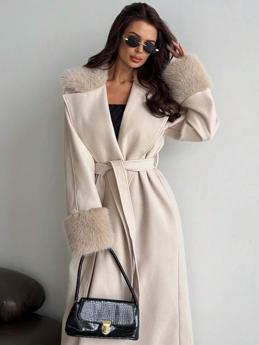 Khaki Long Loose Jacket With Fur Collar And Cuffs