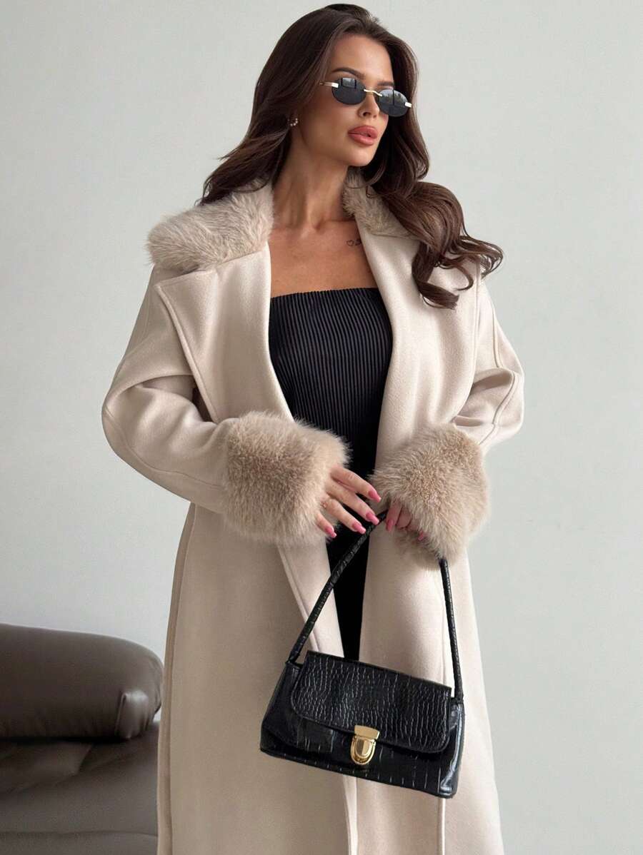Khaki Long Loose Jacket With Fur Collar And Cuffs