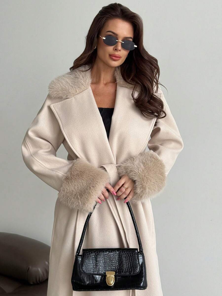 Khaki Long Loose Jacket With Fur Collar And Cuffs