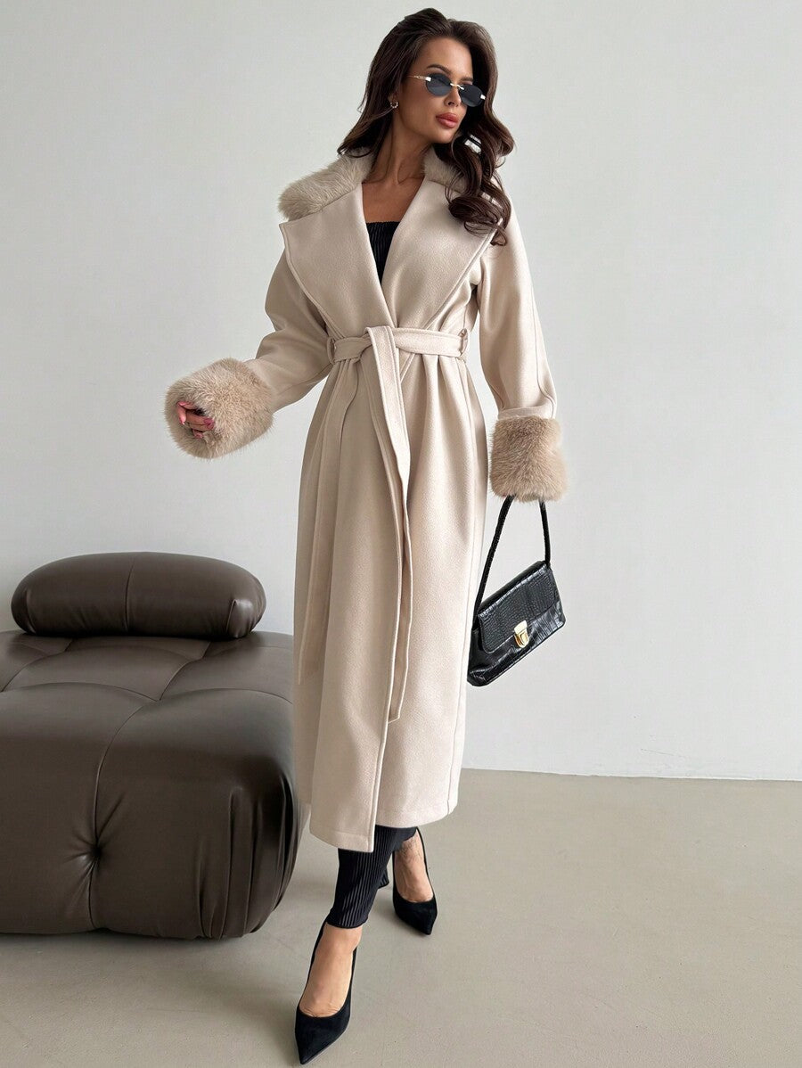 Khaki Long Loose Jacket With Fur Collar And Cuffs