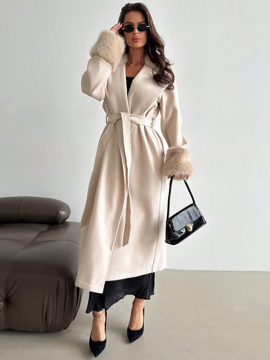 Khaki Long Loose Jacket With Fur Collar And Cuffs