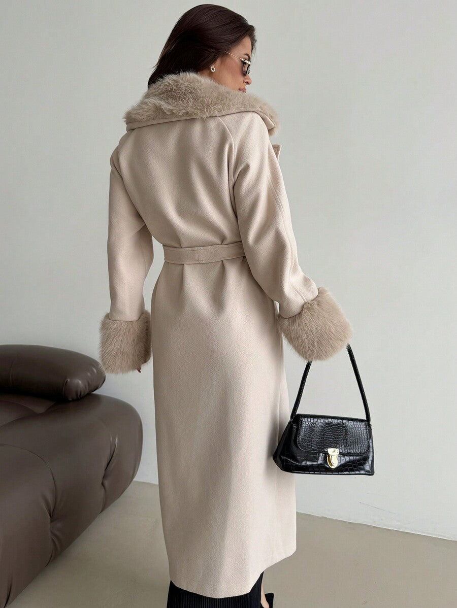 Khaki Long Loose Jacket With Fur Collar And Cuffs