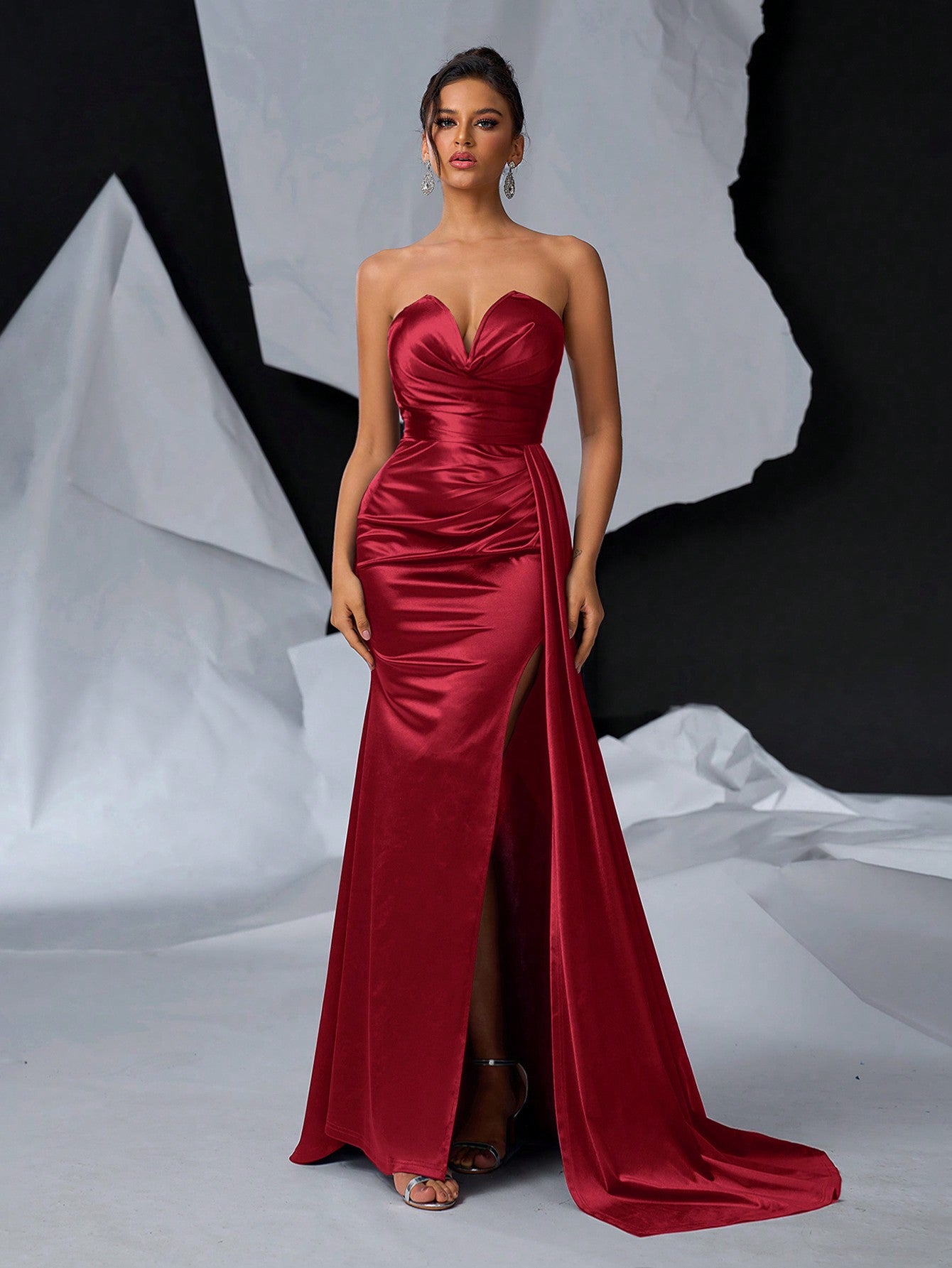 Elegant Luxury V-Neck Ruched Decor Asymmetric Slit Fishtail Maxi Evening Dress