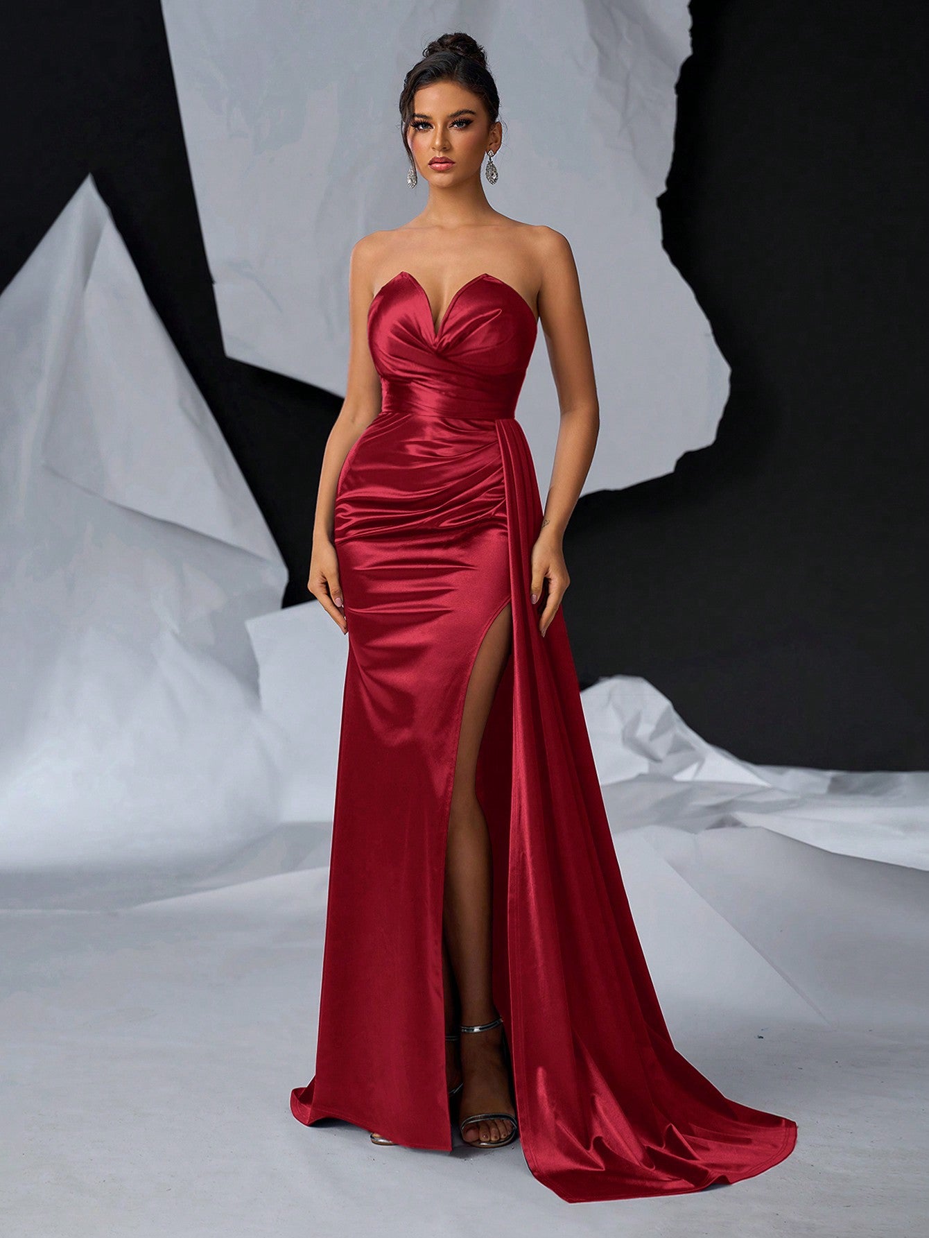 Elegant Luxury V-Neck Ruched Decor Asymmetric Slit Fishtail Maxi Evening Dress