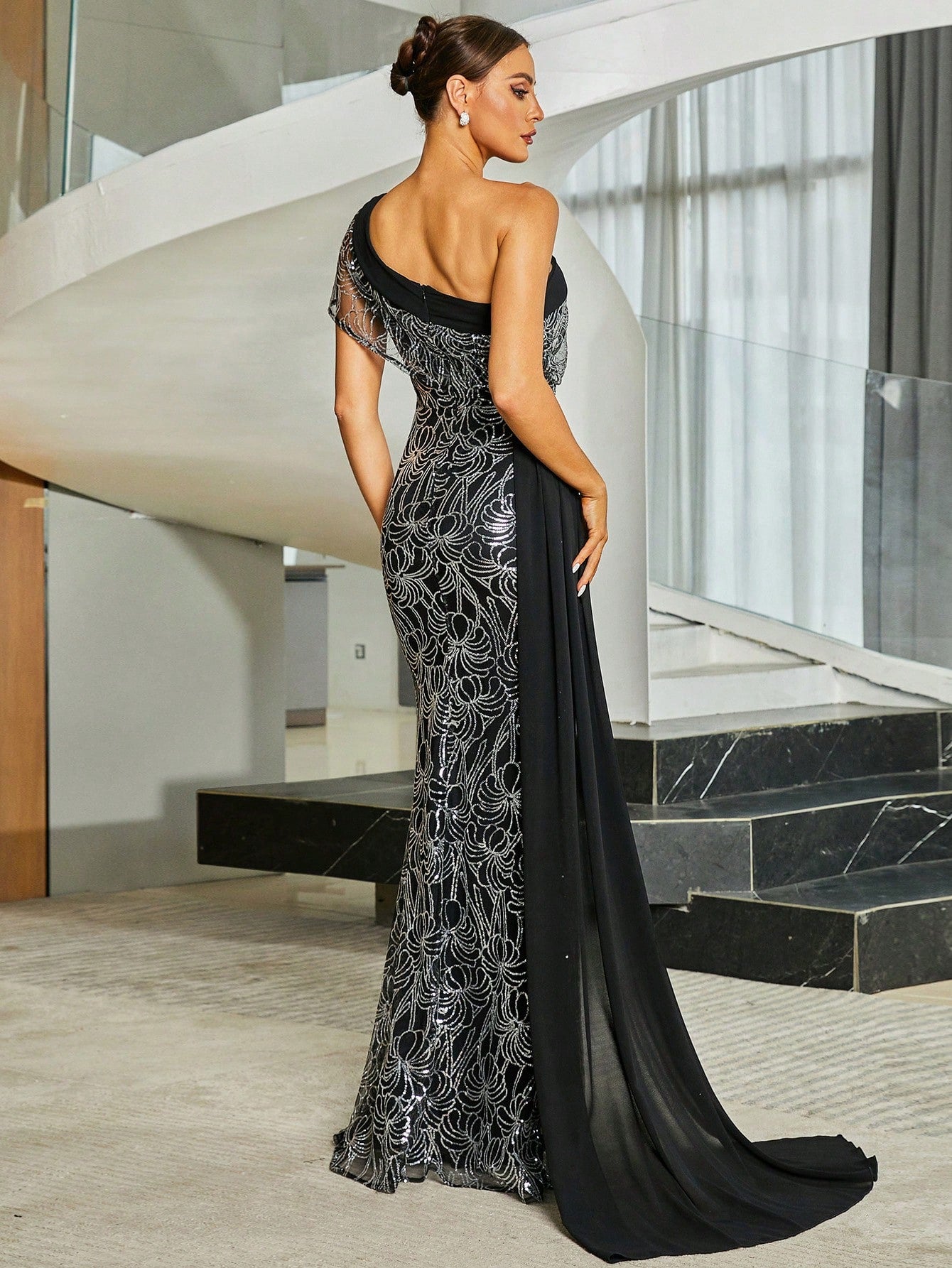 One Shoulder Split Thigh Sequin Formal Evening Dress