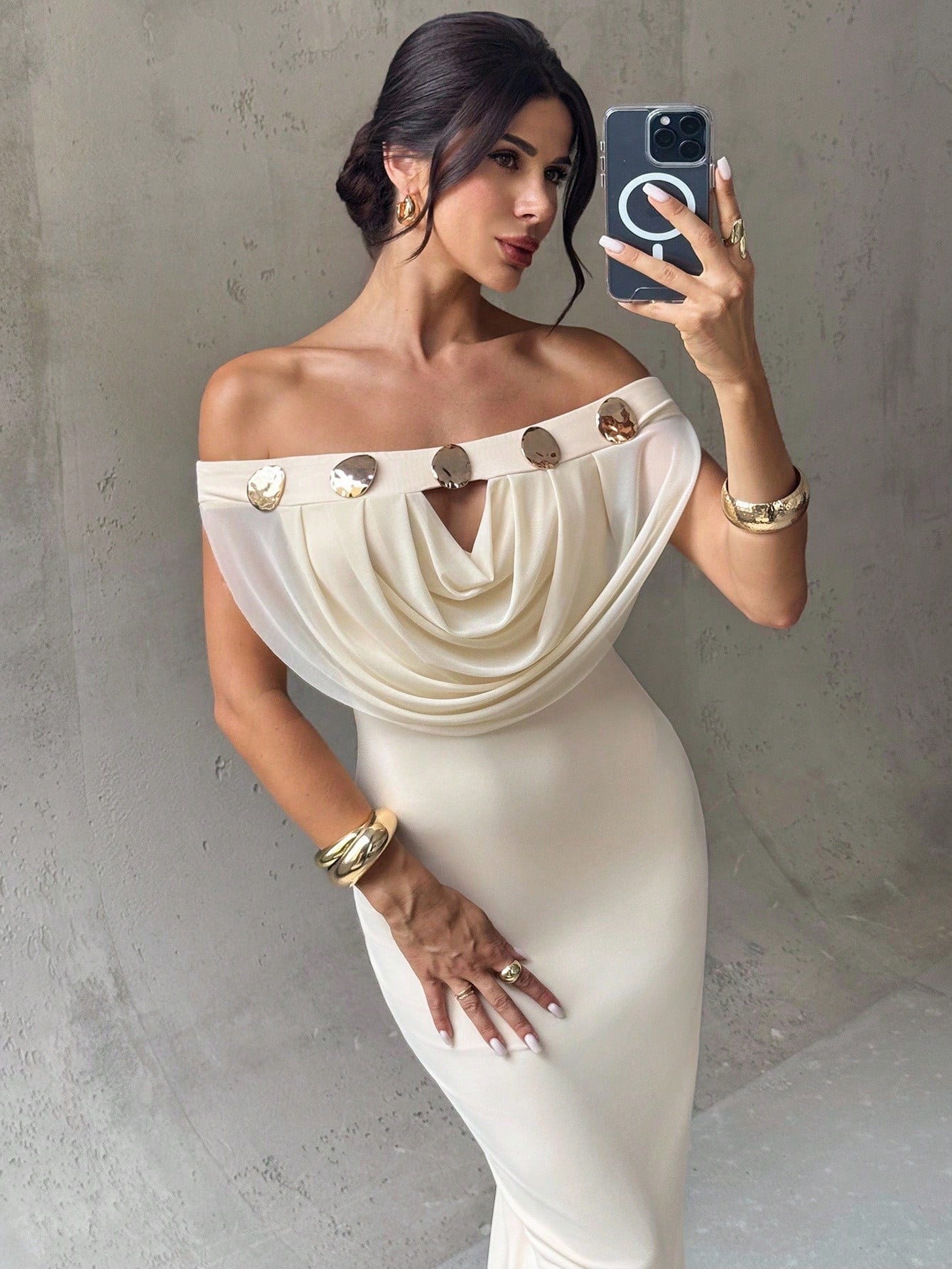 Off Shoulder Plunging Neckline Hollow Metal Decor Mesh Bodycon Apricot Maxi Dress