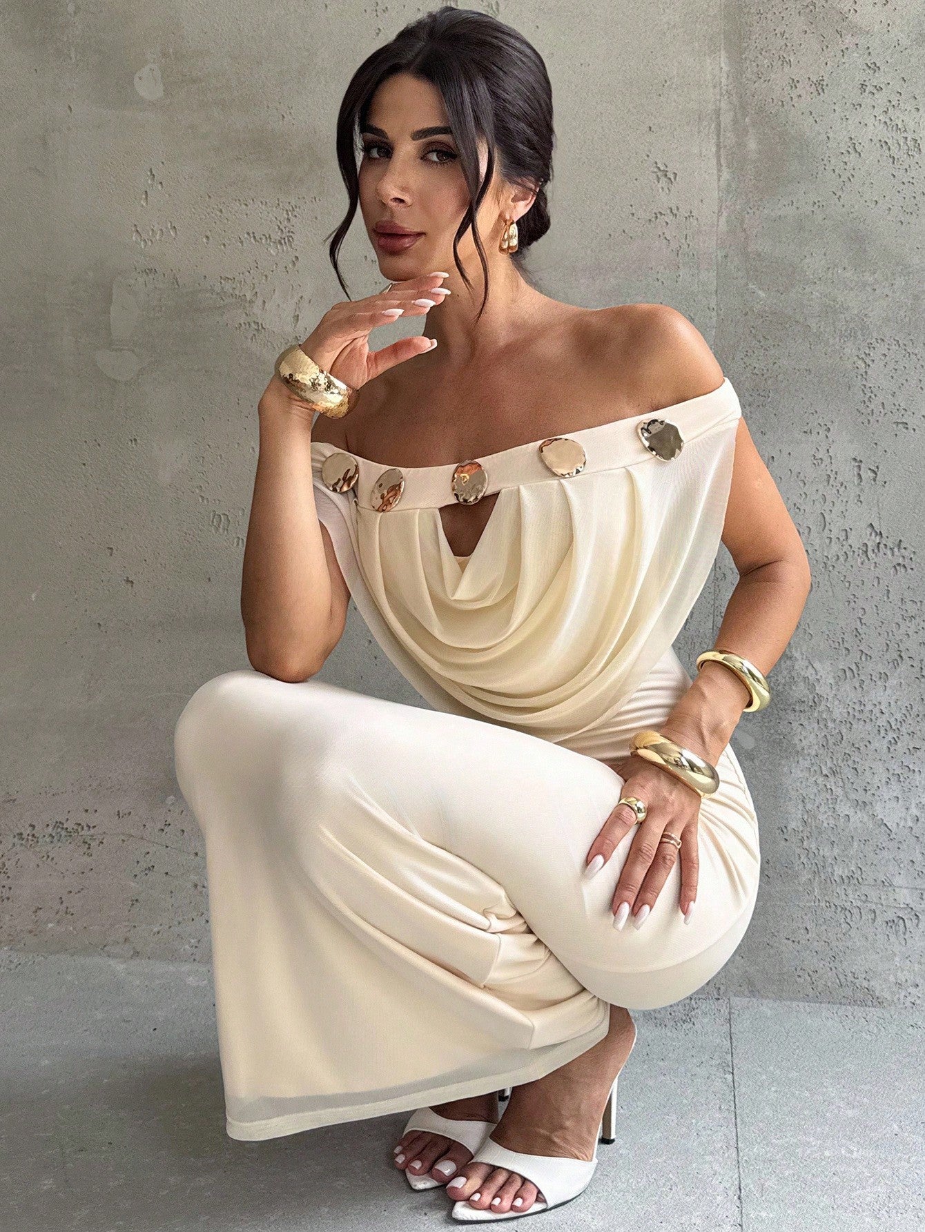 Off Shoulder Plunging Neckline Hollow Metal Decor Mesh Bodycon Apricot Maxi Dress