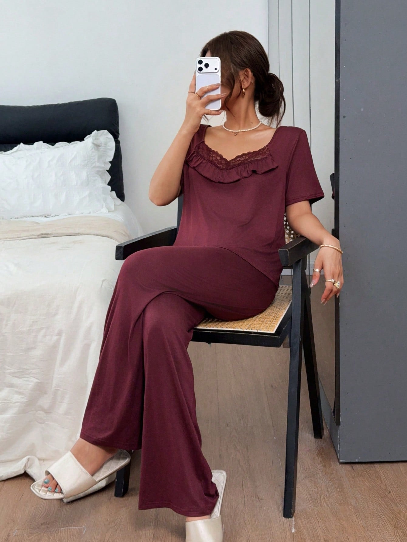 Ruffle Lace Patchwork Top And Long Pants Pajama Set