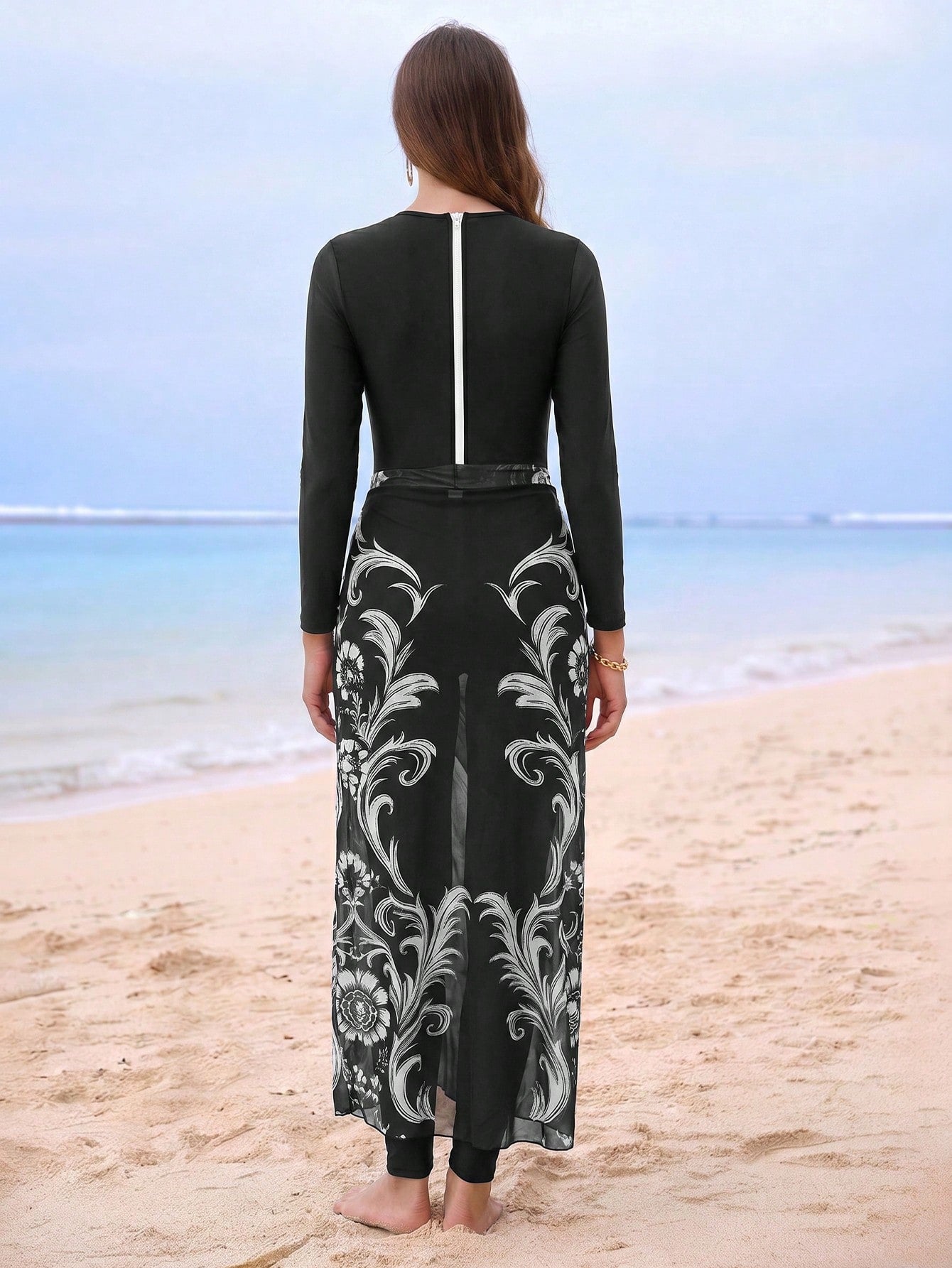 Modest 3-Piece Black And White Floral Print Swimwear Set