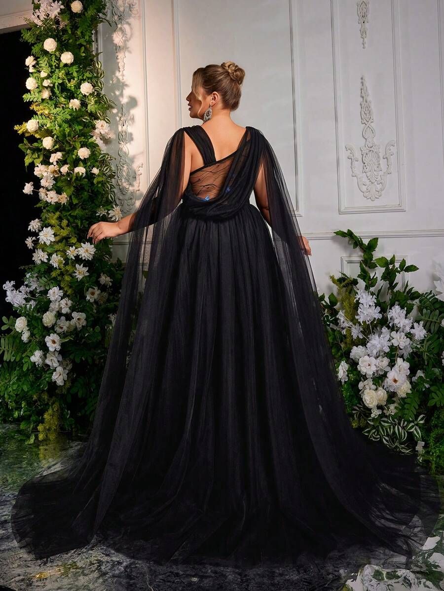 Plus Size Backless Butterfly Asymmetrical Evening Dress
