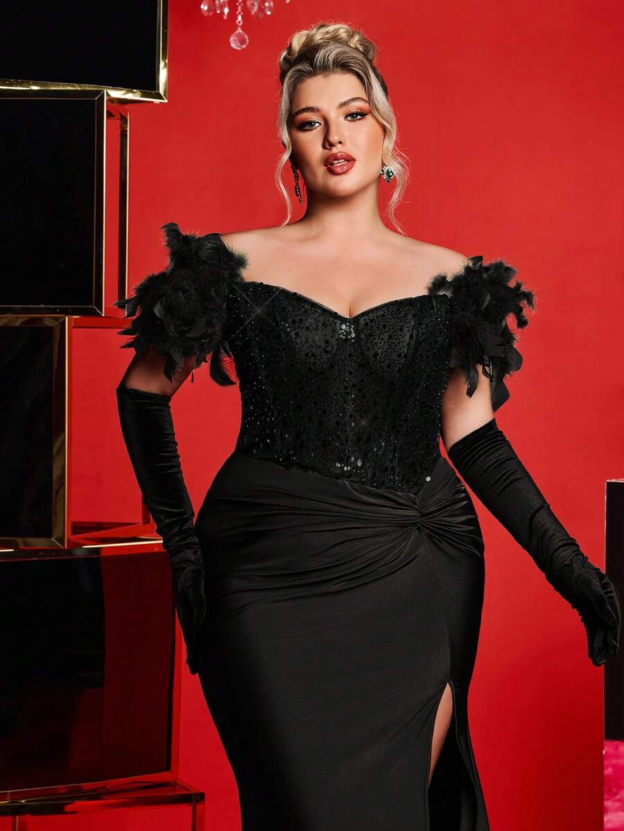 Plus Size Off Shoulder Feather Beaded Sequin Mermaid Maxi Evening Dress