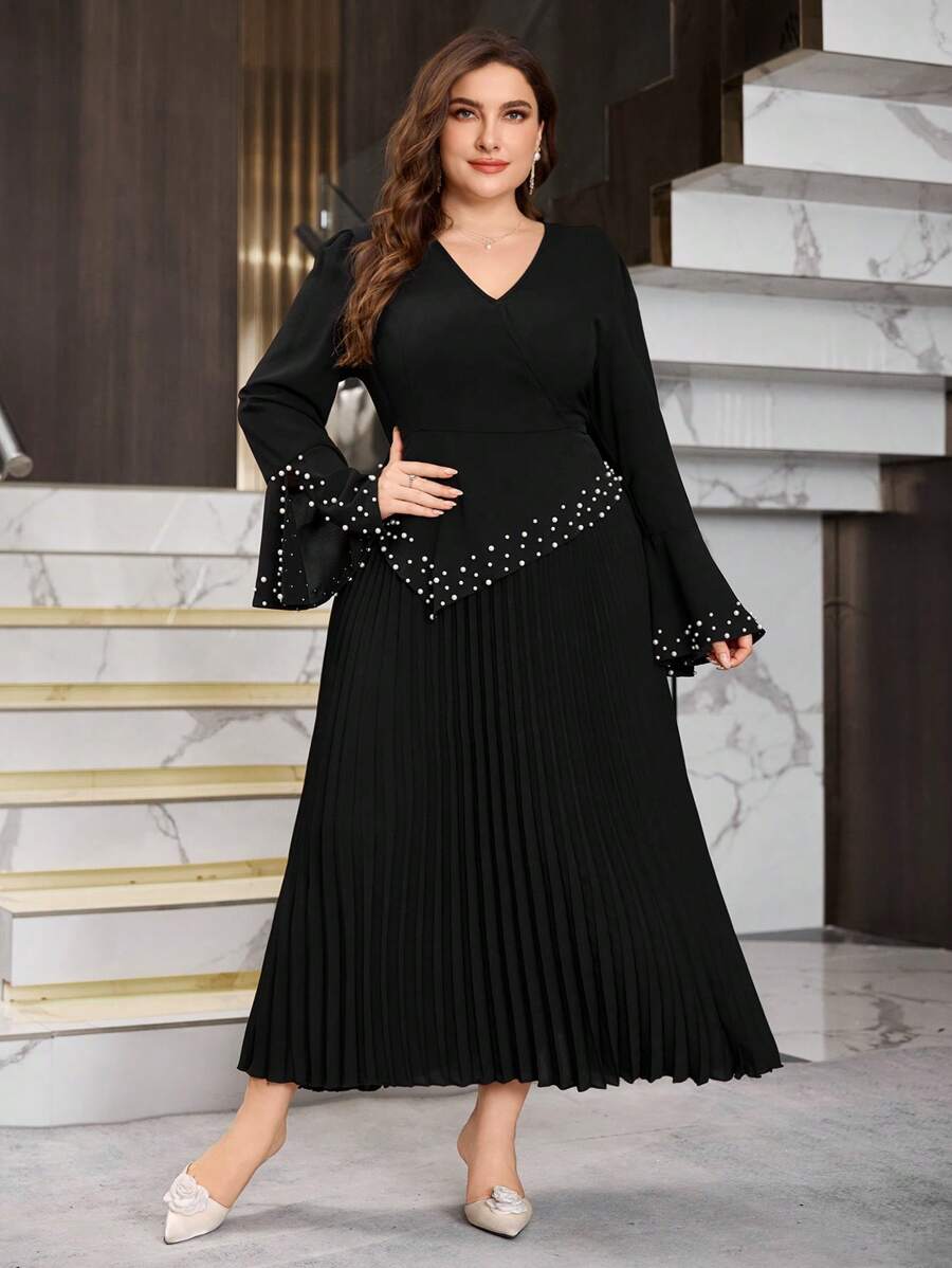 Plus Size Pleated Pearl Embellished Sundress Maxi Evening Dress