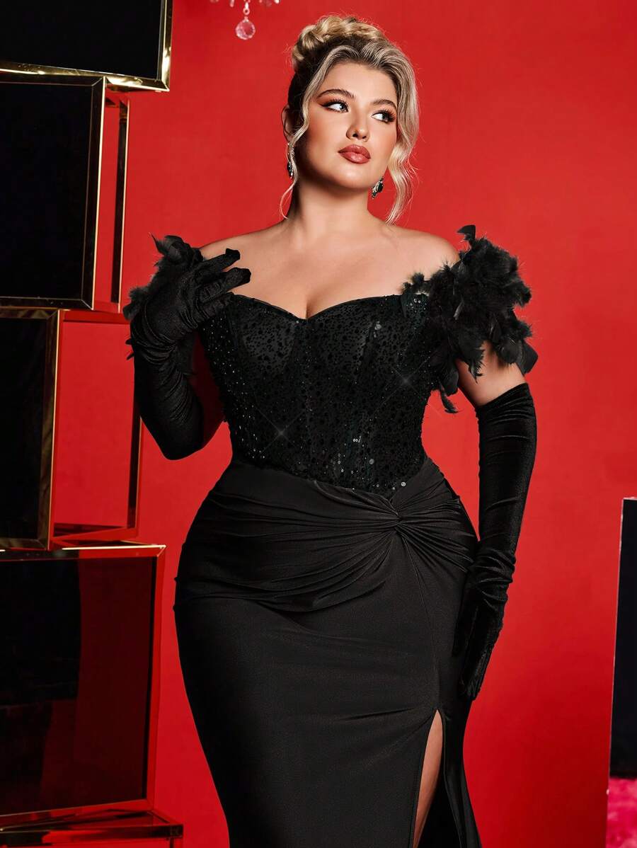 Plus Size Off Shoulder Feather Beaded Sequin Mermaid Maxi Evening Dress