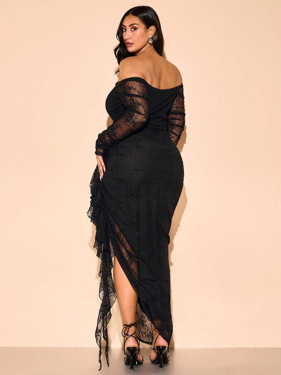 Plus Size Women's Lace Off Shoulder Ruched Ruffle Hem Romantic Flowy Elegant Dress