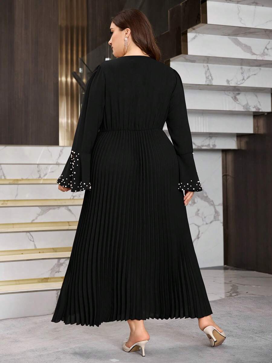 Plus Size Pleated Pearl Embellished Sundress Maxi Evening Dress